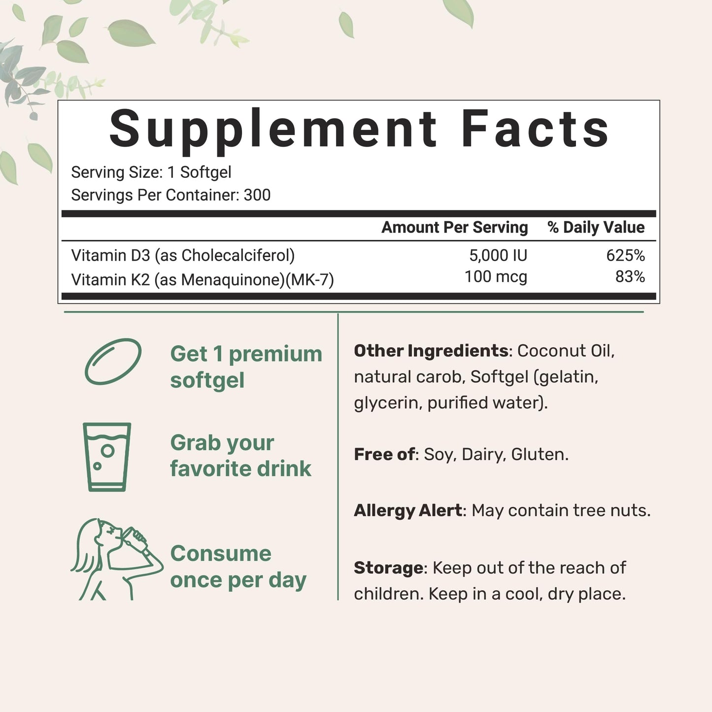 Vitamin D3 5000 IU Plus K2 (MK-7) 100 mcg, 300 Virgin Coconut Oil Softgels