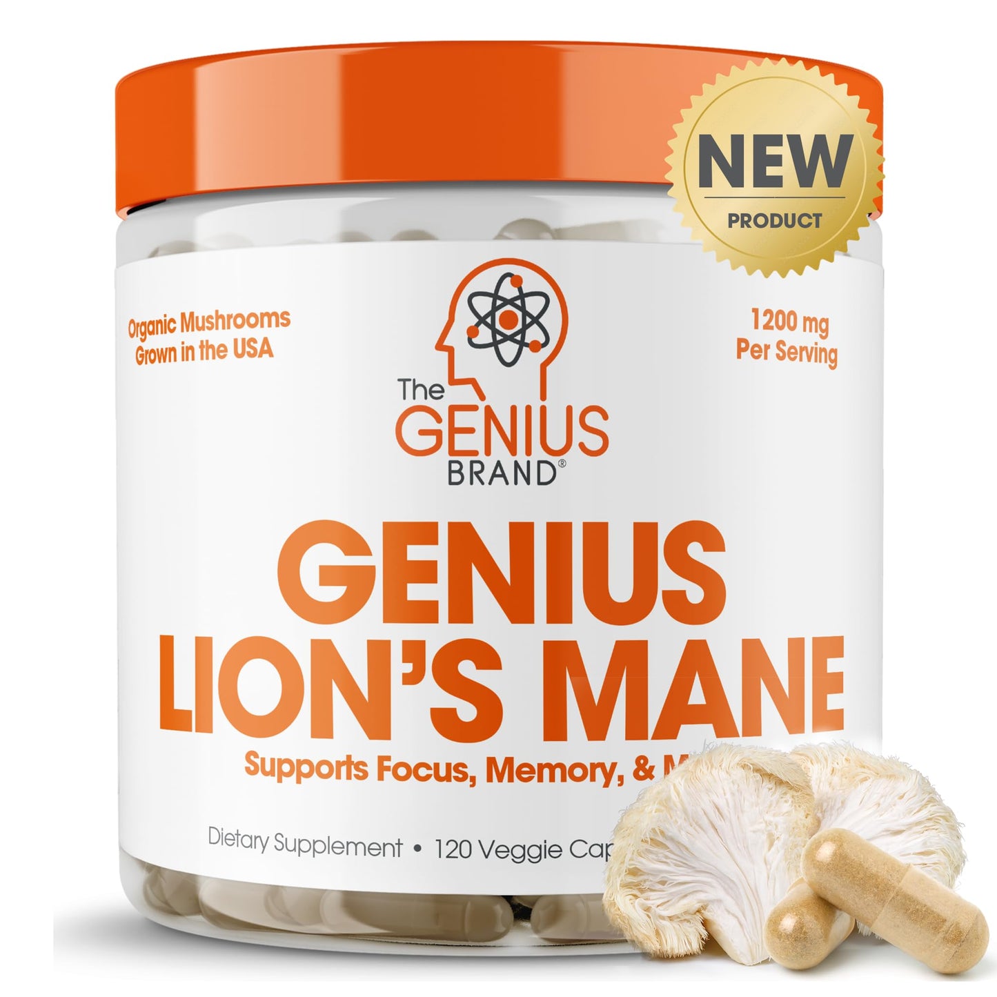 Genius Lions Mane Supplement Capsules - Organic Nootropic Supplement, 1200mg per