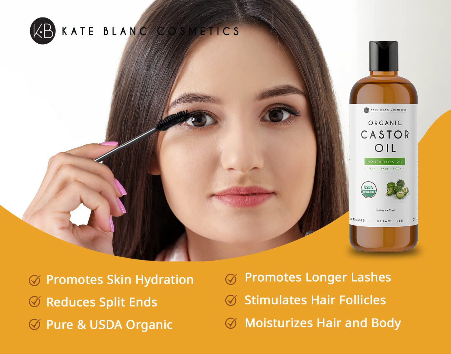 Kate Blanc Cosmetics Castor Oil 16oz - USDA Certified Organic. Cold-Pressed, 100% Pure