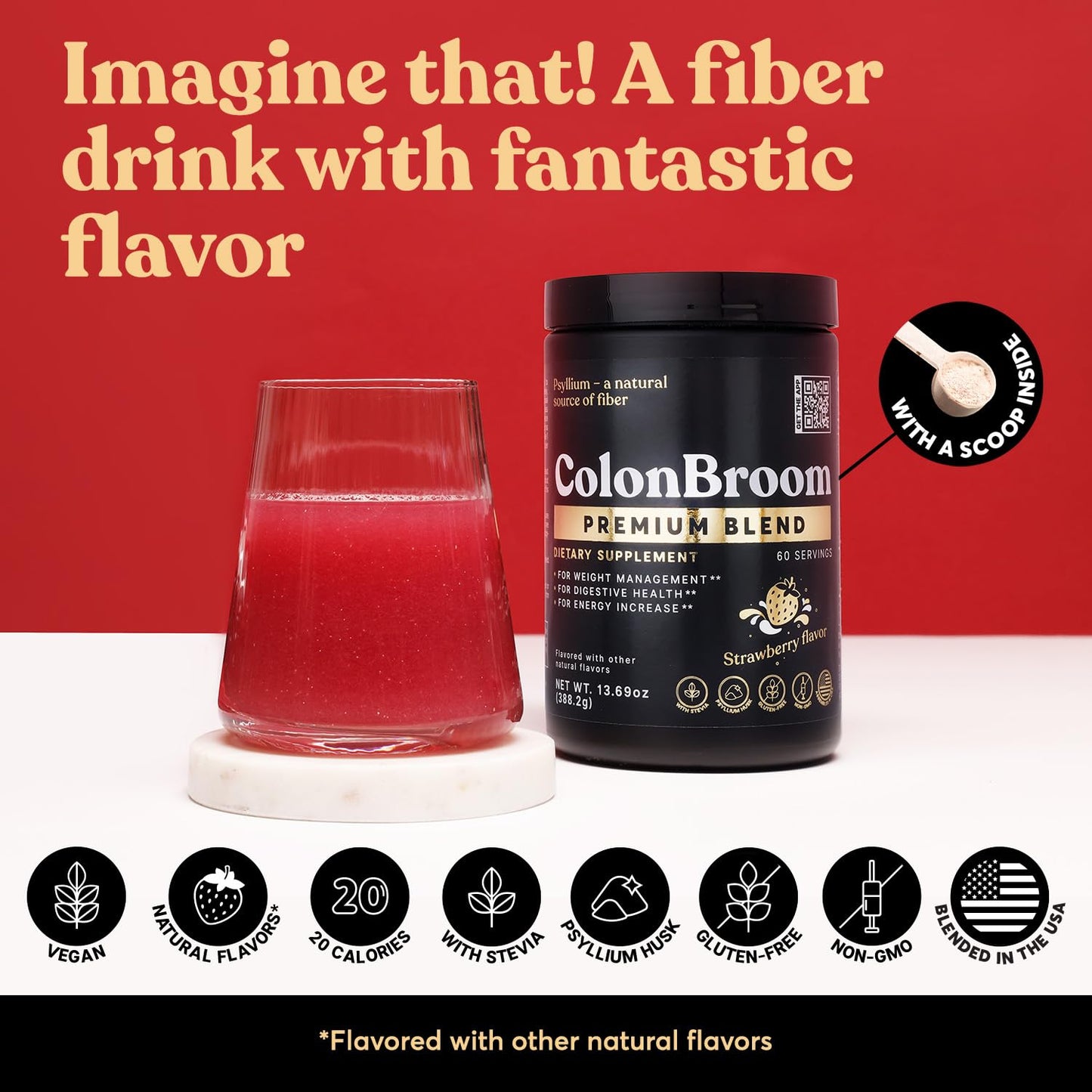 ColonBroom Premium Psyllium Husk Powder (Strawberry) - Colon Cleanse for Bloating
