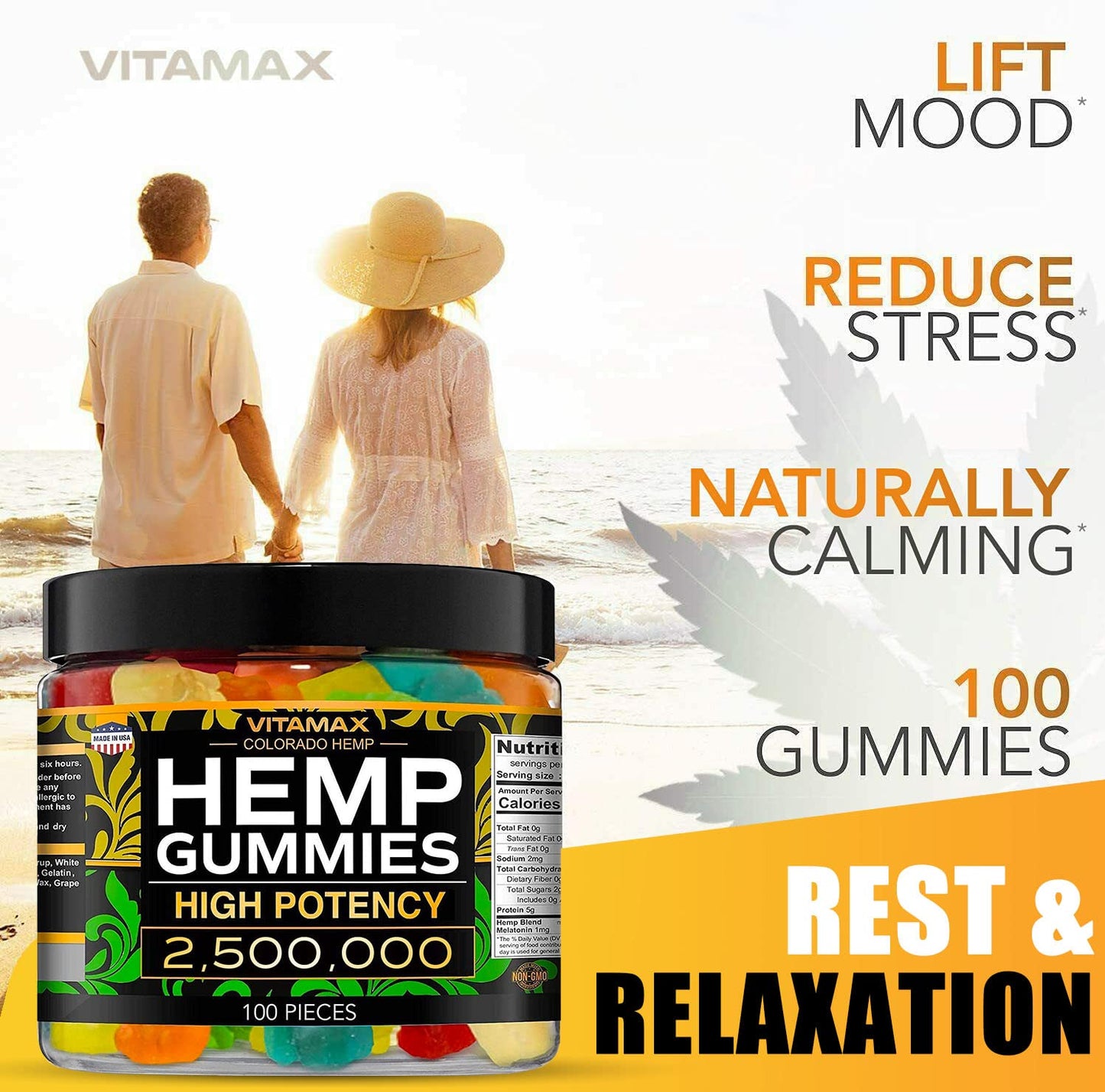 Vitamax Hemp Gummies - Great for Peace & Relaxation - 2,500,000 - Natural Fruit Flavors