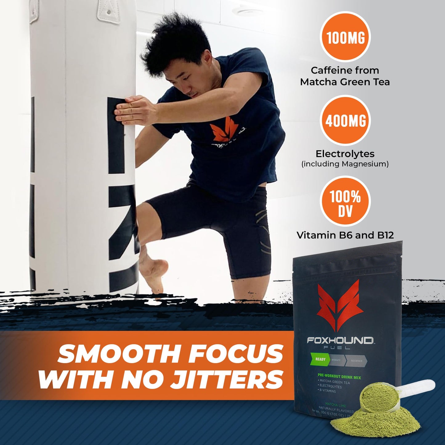 Foxhound Fuel Keto Pre Workout Powder Electrolytes Drink Mix, Sugar Free Preworkout for Men & Women, Supports Energy, Hydration, with B Vitamins, Vegan, Clean & Natural, Matcha Green Tea, 25 Servings