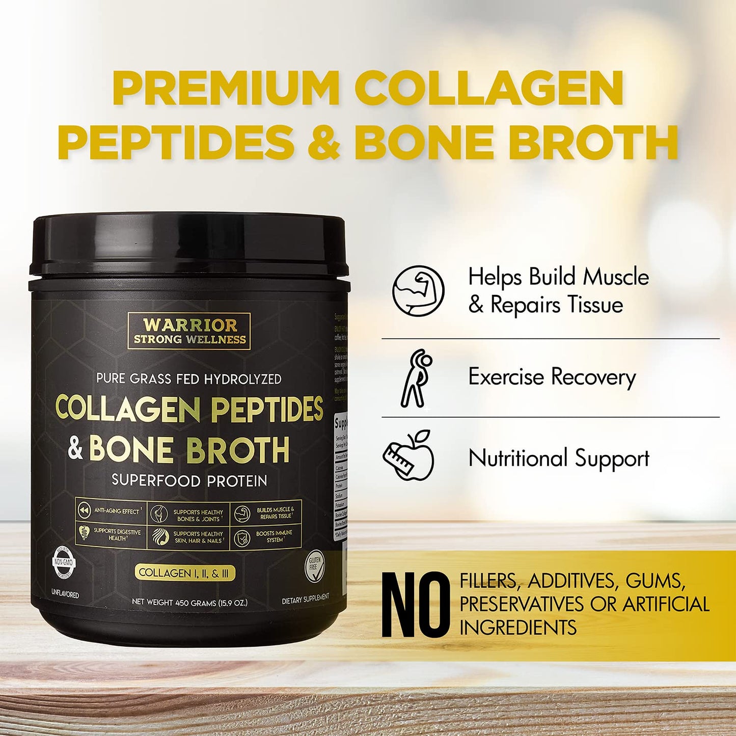 Warrior Strong Wellness Premium Collagen Peptides Bone Broth: Grass Fed Hydrolyzed