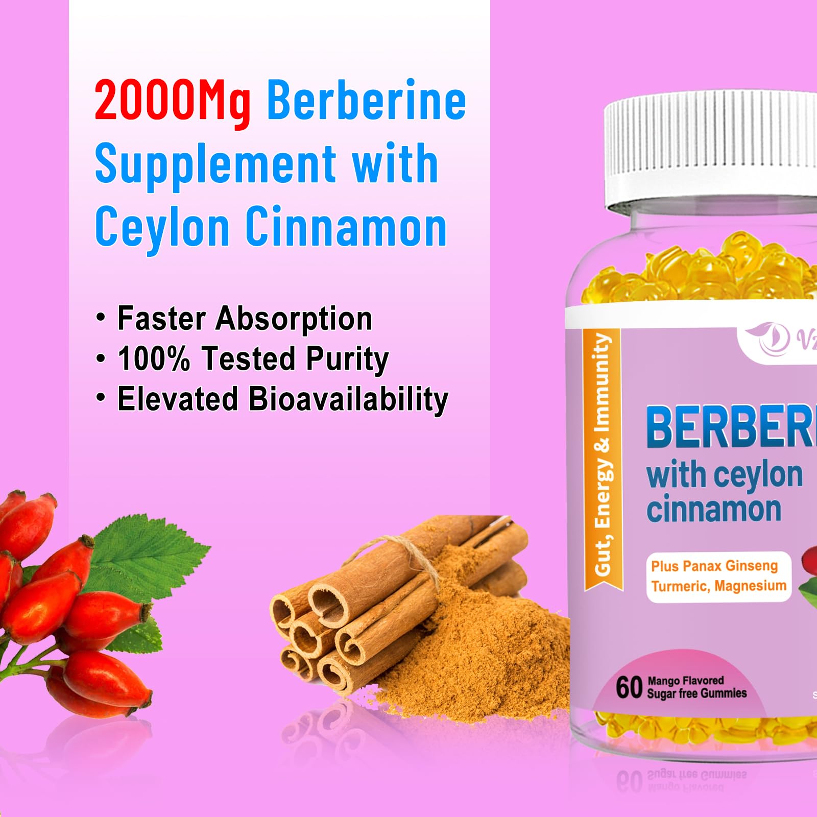 2 Pack Berberine with Ceylon Cinnamon Gummies, 2000mg High Potency Berberine HCI VZOXAINS