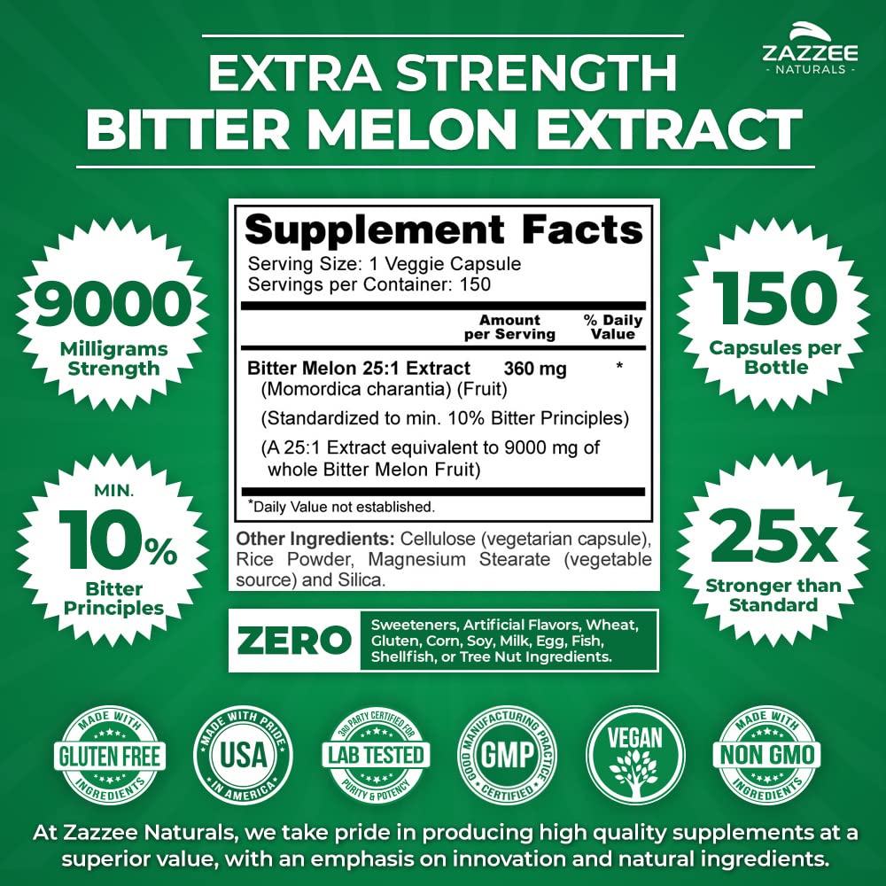 Zazzee Extra Strength Bitter Melon 25:1 Extract, 9000 mg Strength, 10% Bitter Principles
