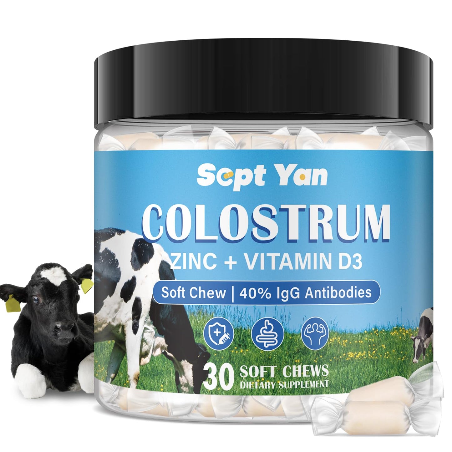 Colostrum Soft Chew Supplement (3000mg + 40% IgG), Concentrated Bovine Colostrum