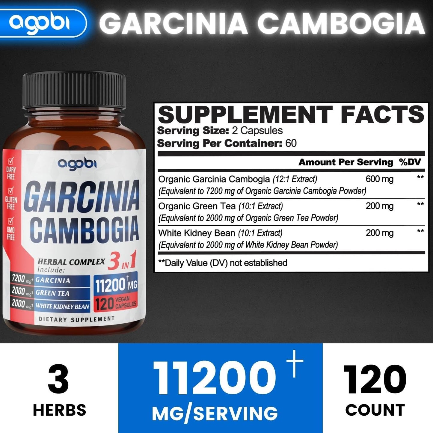 agobi 3in1 Garcinia Cambogia Extract Capsules - 11200mg Herbal Supplement for Body Health