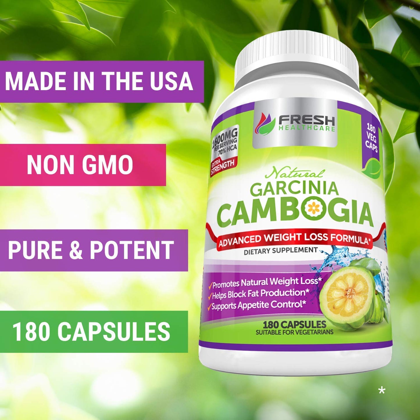 Fresh Healthcare 100% Pure Garcinia Cambogia Extract - All Natural Appetite Suppressant