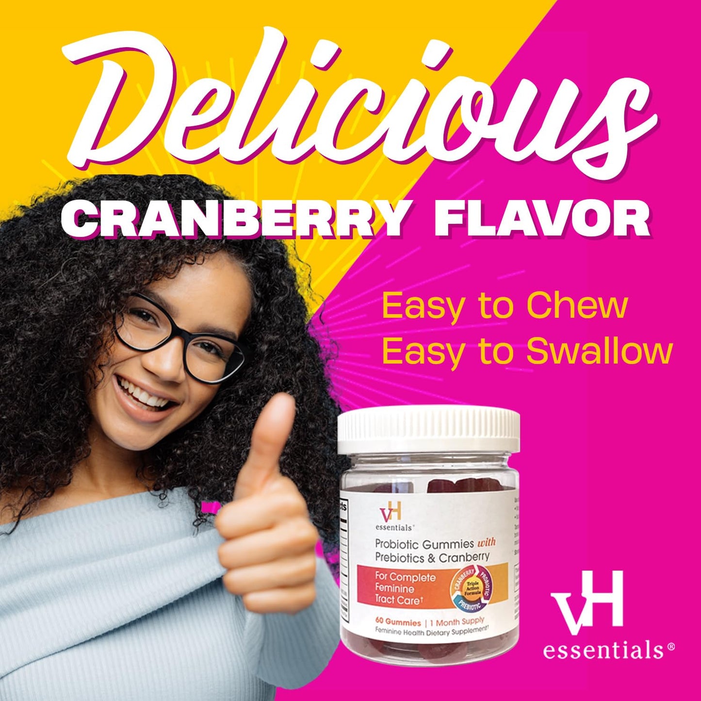 vH essentials Probiotic Gummies with Prebiotics & Cranberry, Concentrated Extract