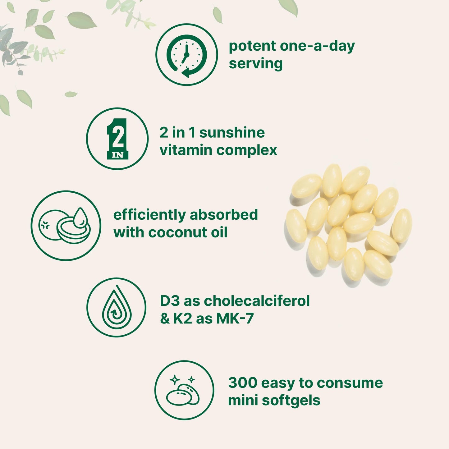 Vitamin D3 5000 IU Plus K2 (MK-7) 100 mcg, 300 Virgin Coconut Oil Softgels