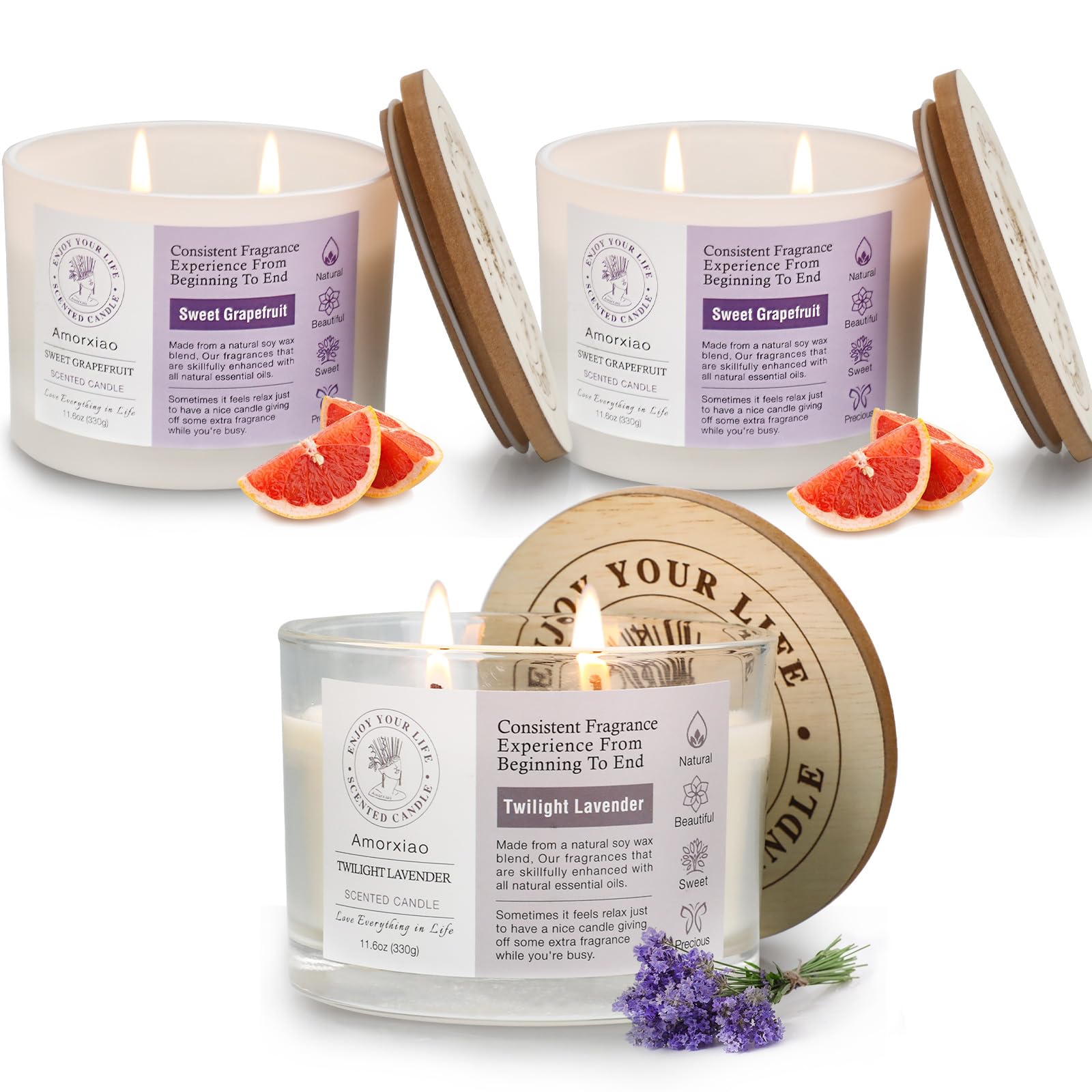3 Pack Candles for Home Scented, 34.8 oz 240 Hour Long Lasting Candles Set, Grapefruit &Lavender