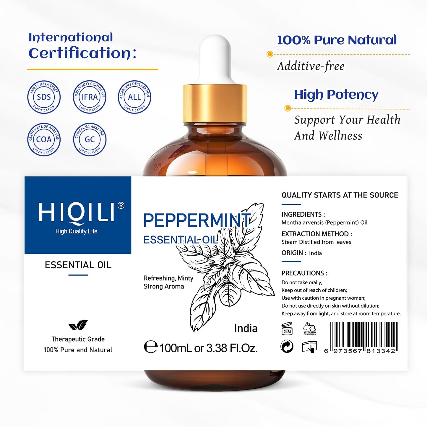 HIQILI Peppermint Essential Oil, 100% Pure Natural for Diffuser, Hair, Massage, Add to Spray