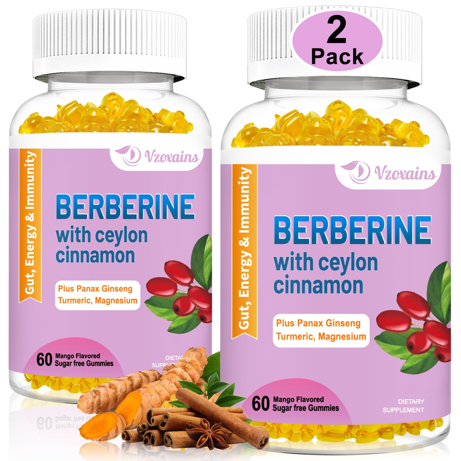 2 Pack Berberine with Ceylon Cinnamon Gummies, 2000mg High Potency Berberine HCI