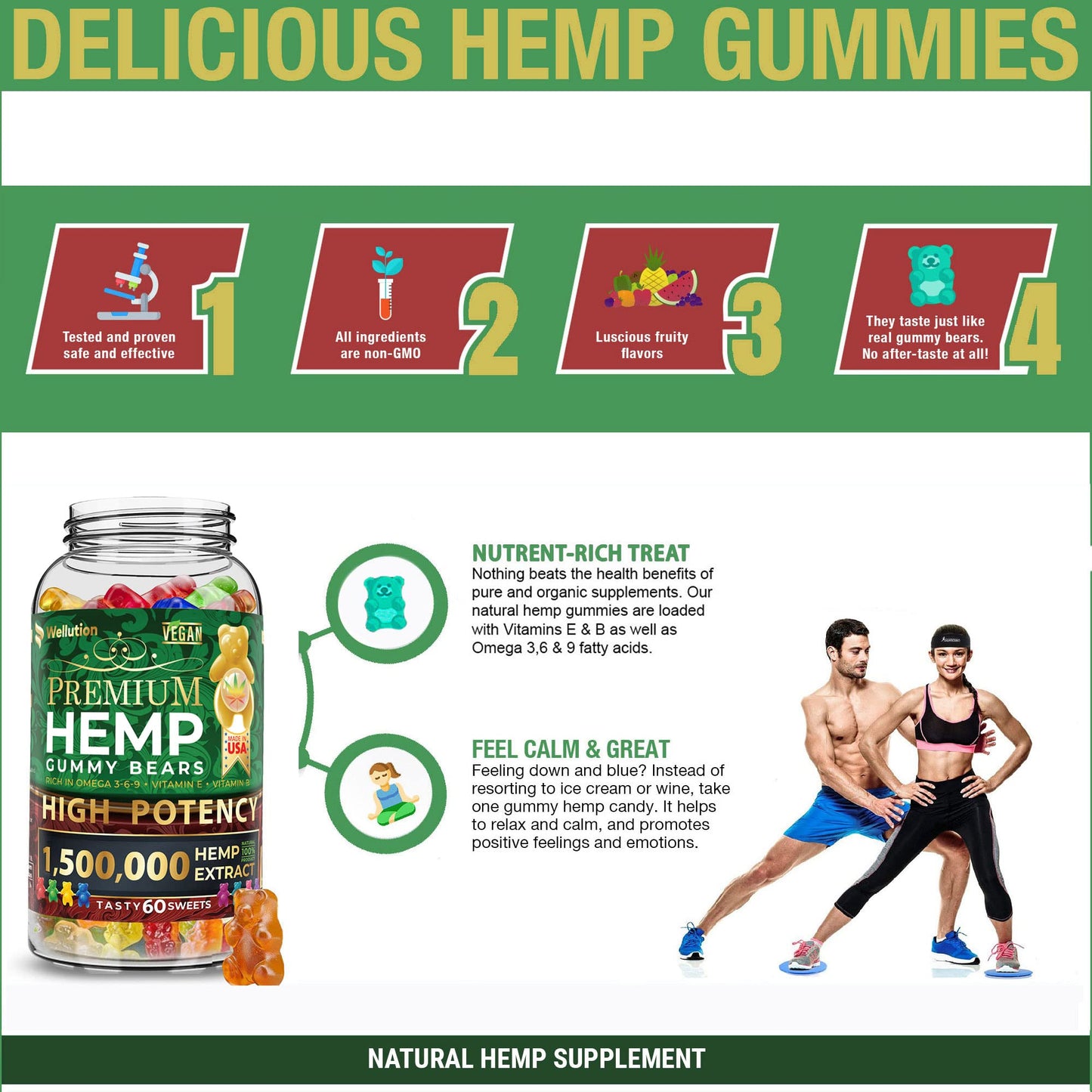 Wellution Hemp Gummies 1,500,000 XXL High Potency - Fruity Gummy Bear with Hemp Oil