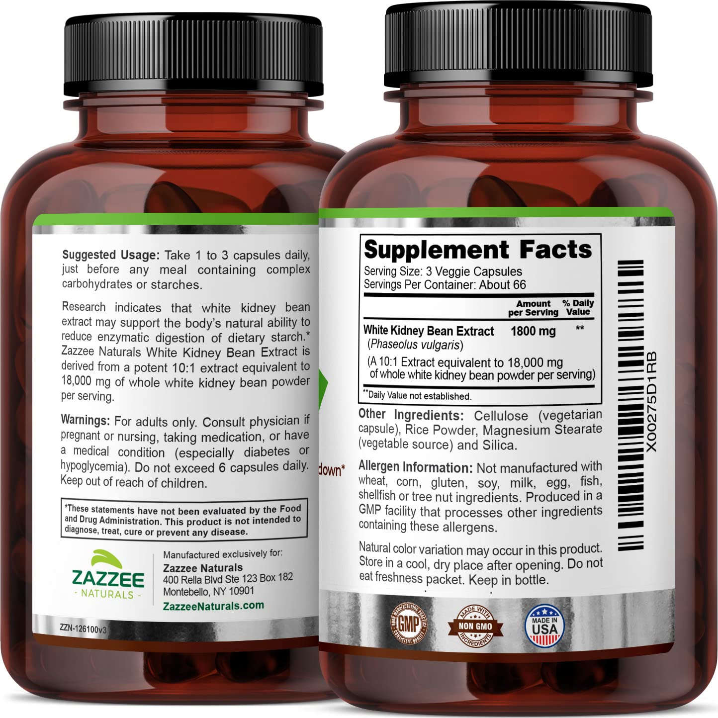 Zazzee White Kidney Bean 10:1 Extract, 18,000 mg Strength, 200 Vegan Capsules, Over 2 Month Supply