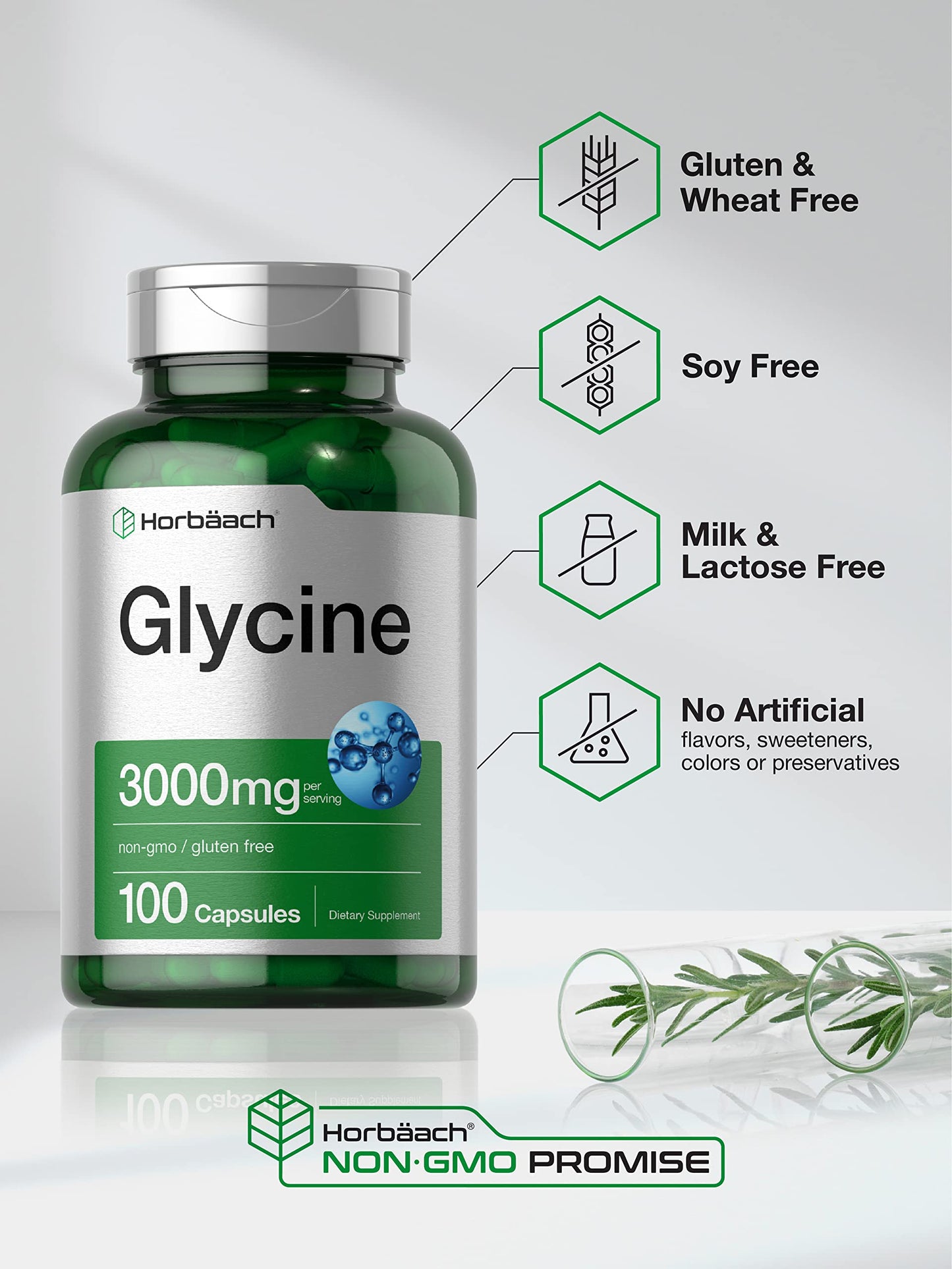 Glycine 3000 mg 100 Capsules | Non-GMO, Gluten Free Glycine Supplement | by Horbaach
