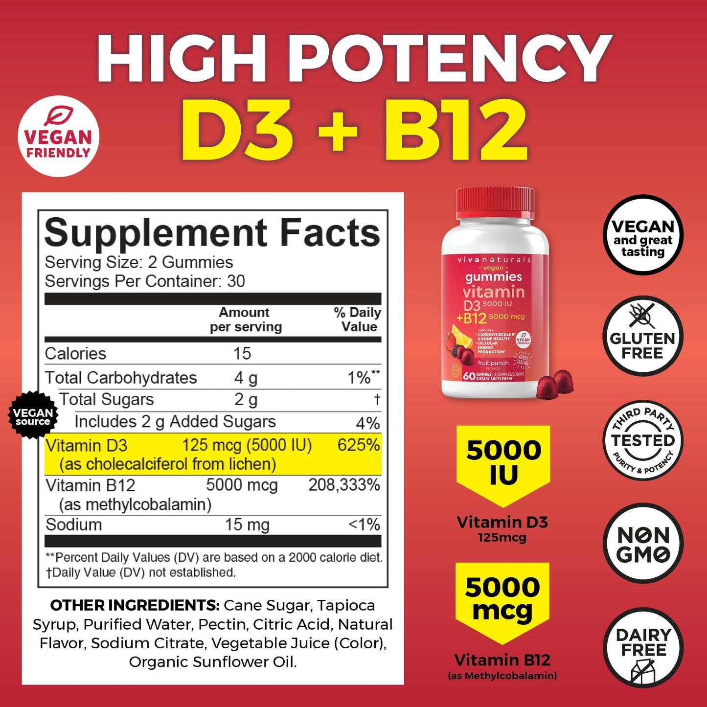 Viva Naturals Plant-Based B12 Gummies with Vitamin D3 - Chewable 5000mcg B12