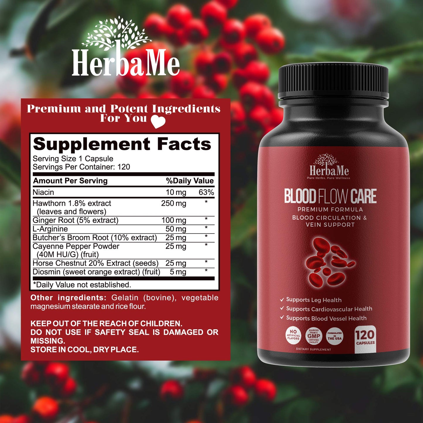 HerbaMe Blood Circulation Supplement, 120 Capsules, Supports Leg Vein, Heart