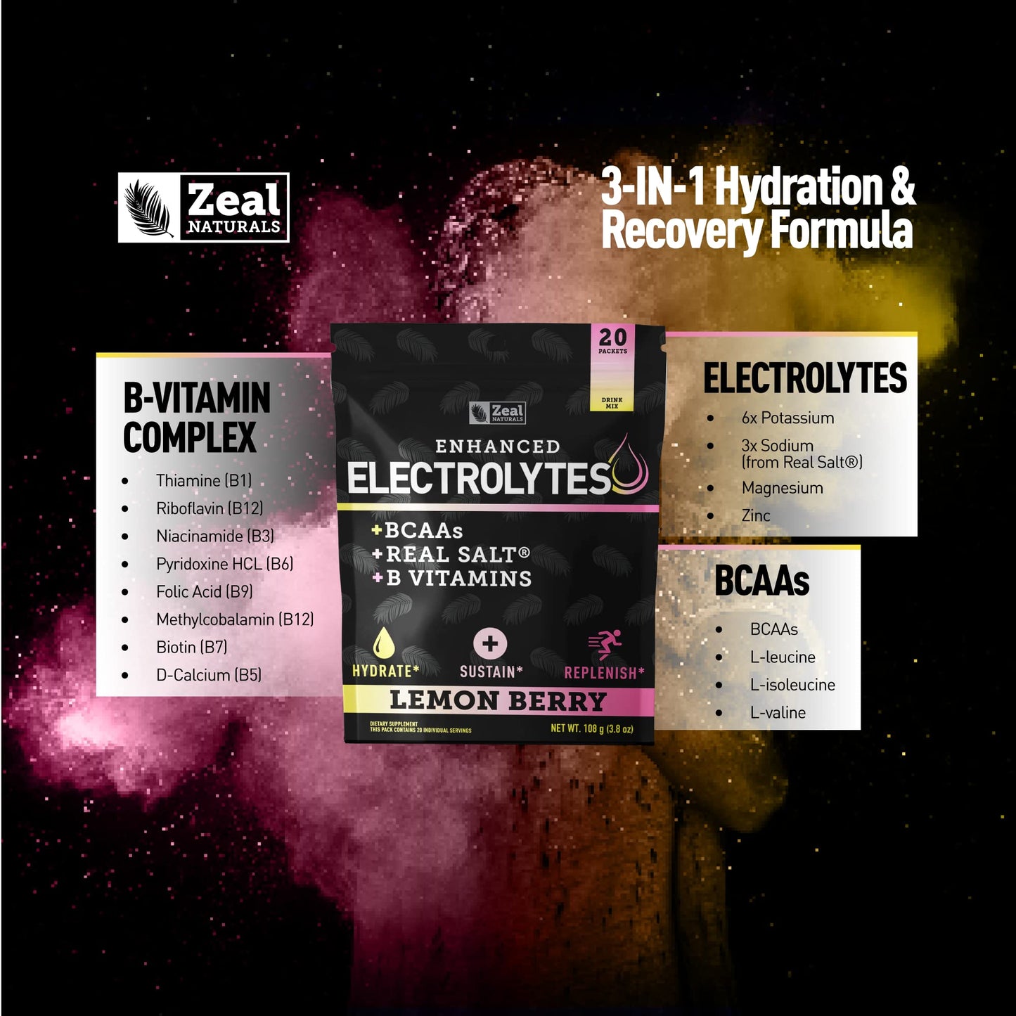 Enhanced Powder Stick Packs (Lemon Berry - 20 Packets) Sugar Free + BCAA B-Vitamins