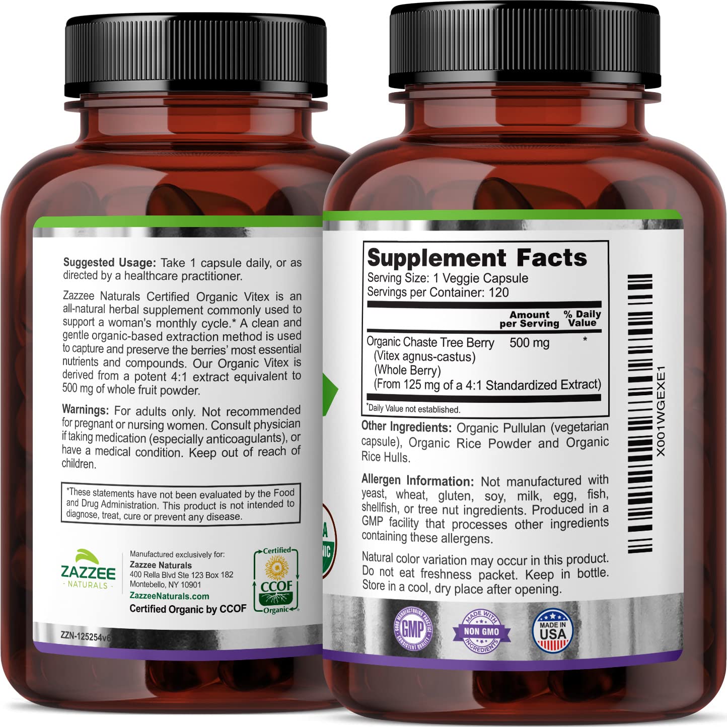 Zazzee USDA Organic Vitex, 500 mg Strength, 120 Vegan Capsules, 4 Month Supply