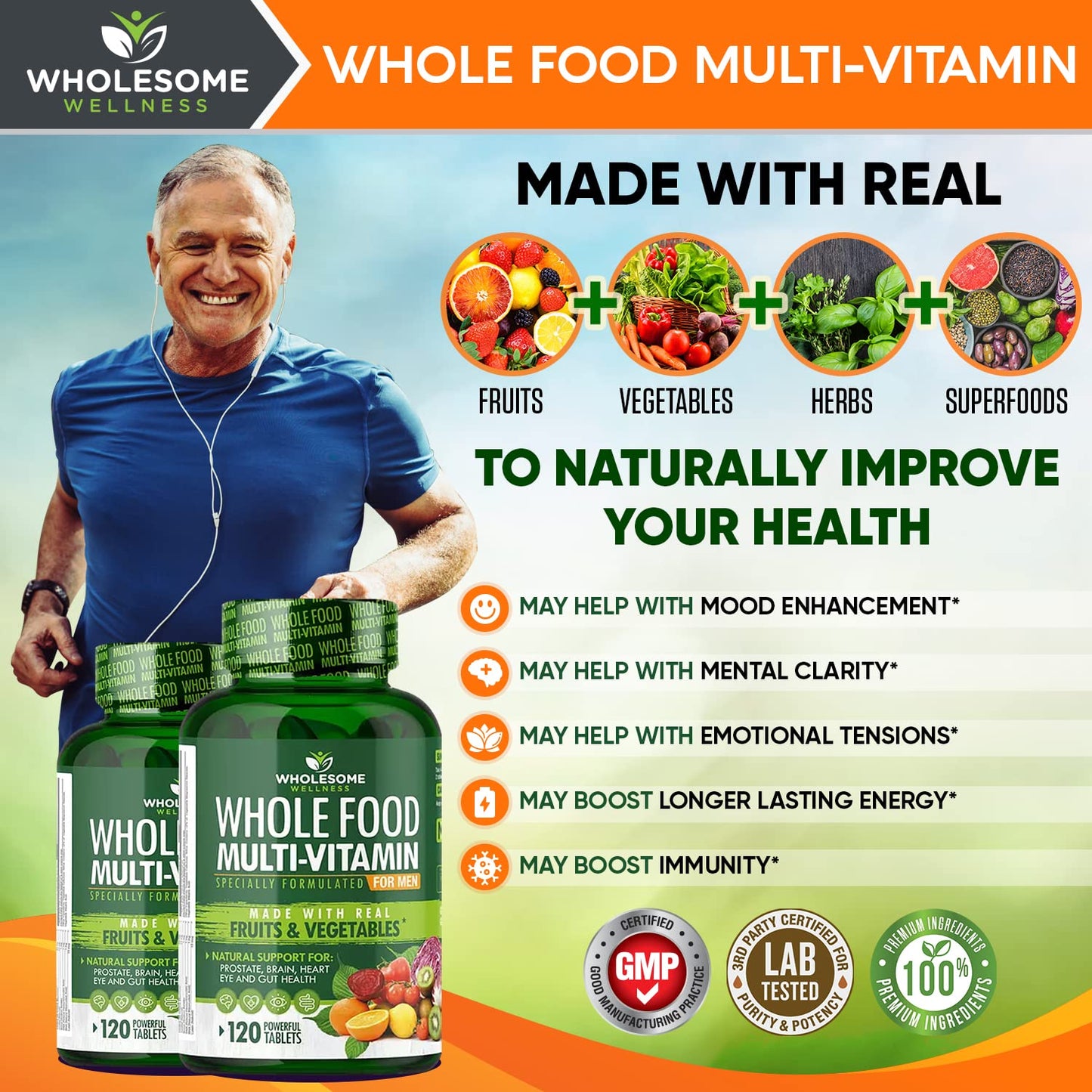 Whole Food Multivitamin for Men - Natural Multi Vitamins, Minerals, Organic Extracts