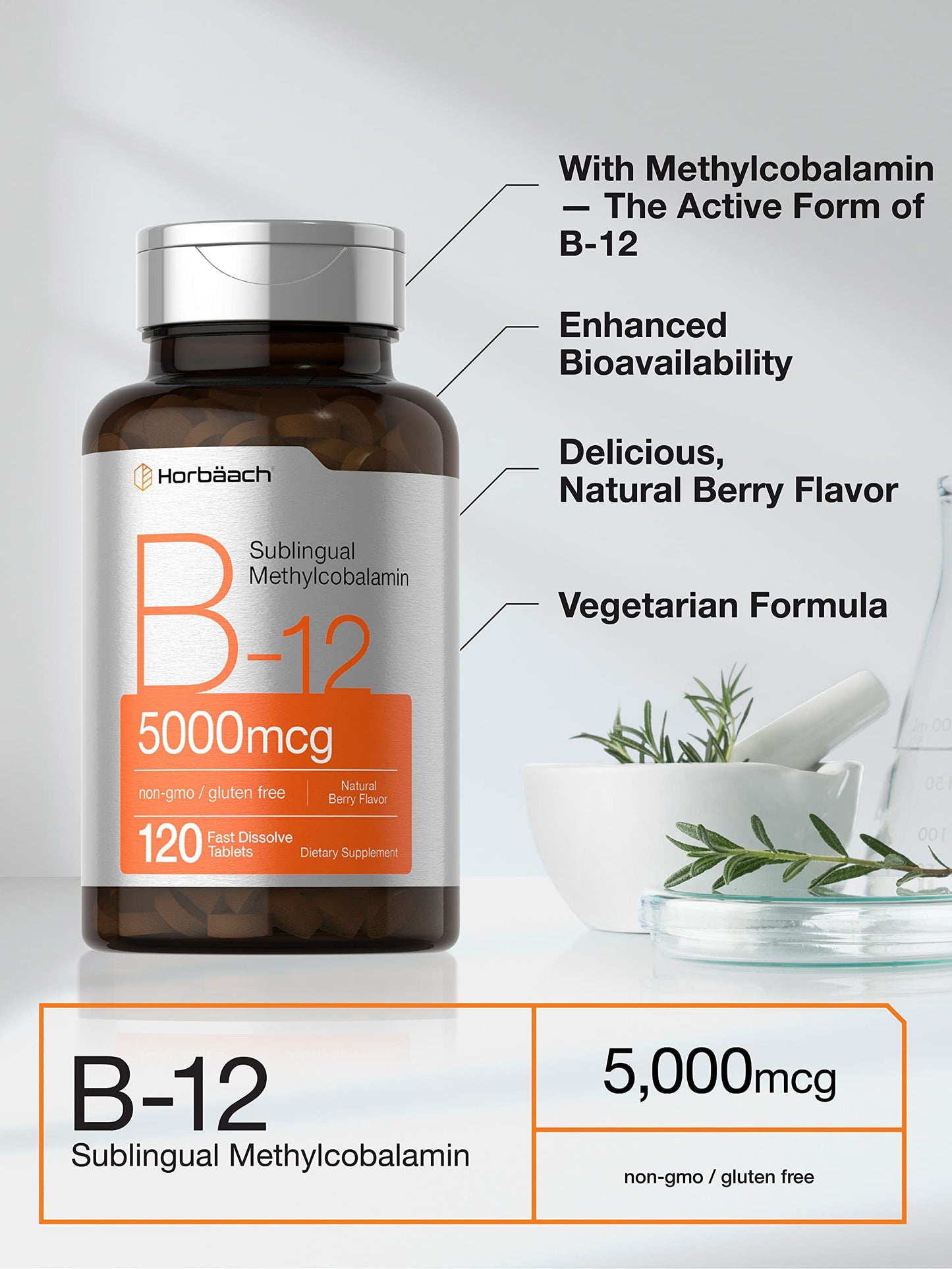 Horbäach B12 Sublingual Methylcobalamin | 5000mcg | 120 Fast Dissolve Tablets