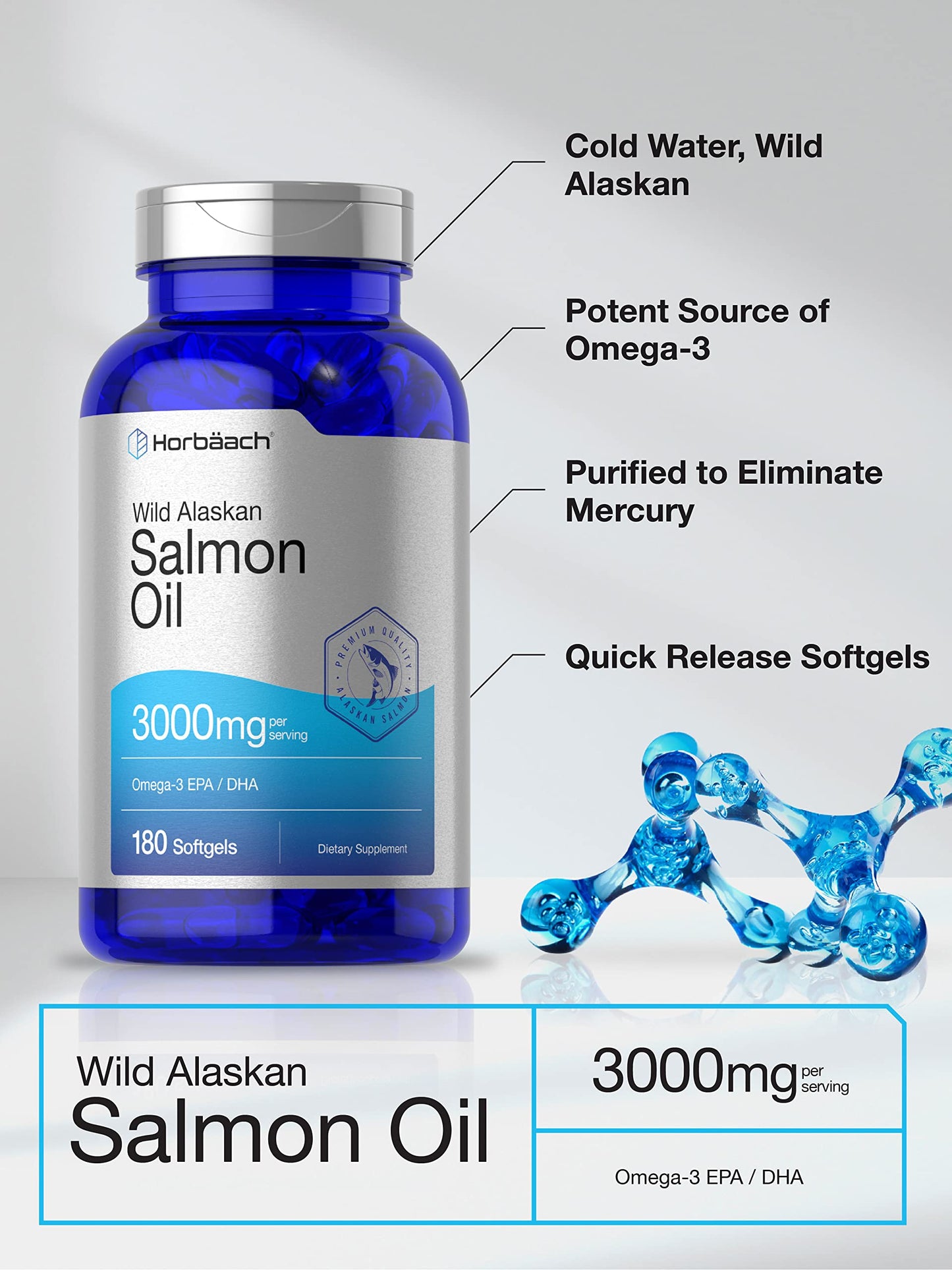 Wild Alaskan Salmon Fish Oil | 180 Softgel Capsules | Gluten Free, Non-GMO | High Potency