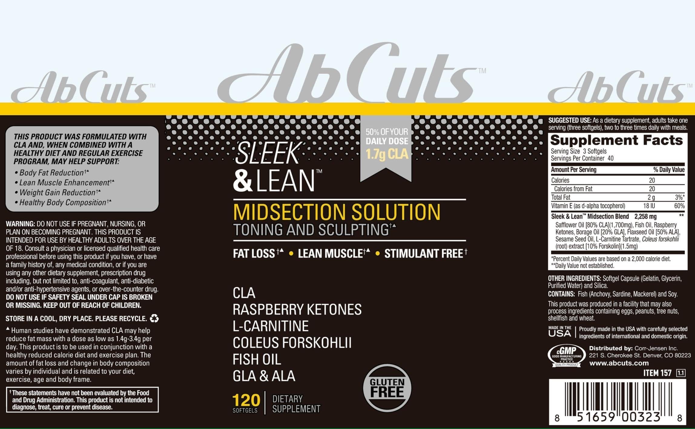 AbCuts Sleek and Lean - 120 Easy-to-Swallow Softgels - CLA Supplement, Fish Oil AbCuts