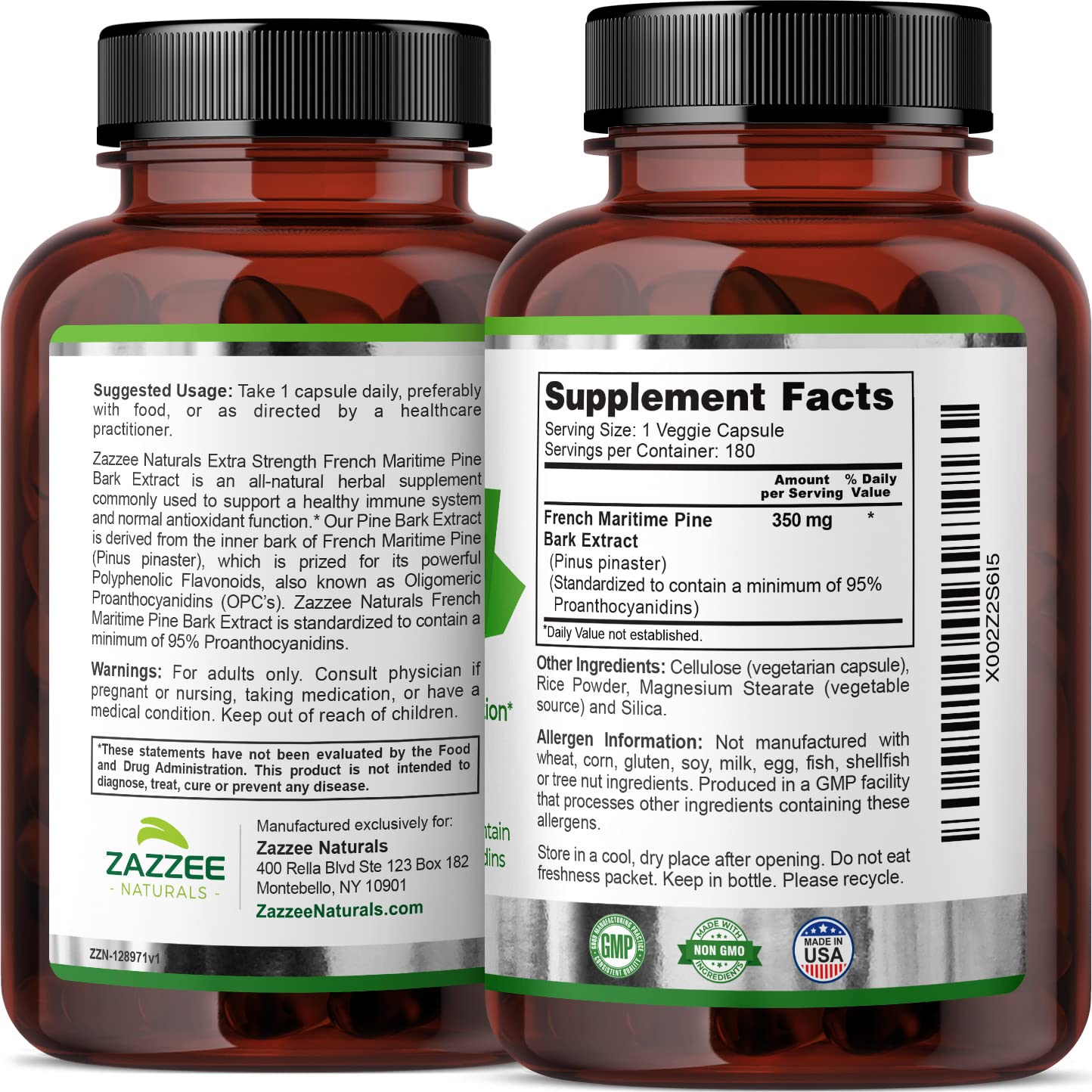 Zazzee Extra Strength French Maritime Pine Bark Extract, 350 mg Per Capsule
