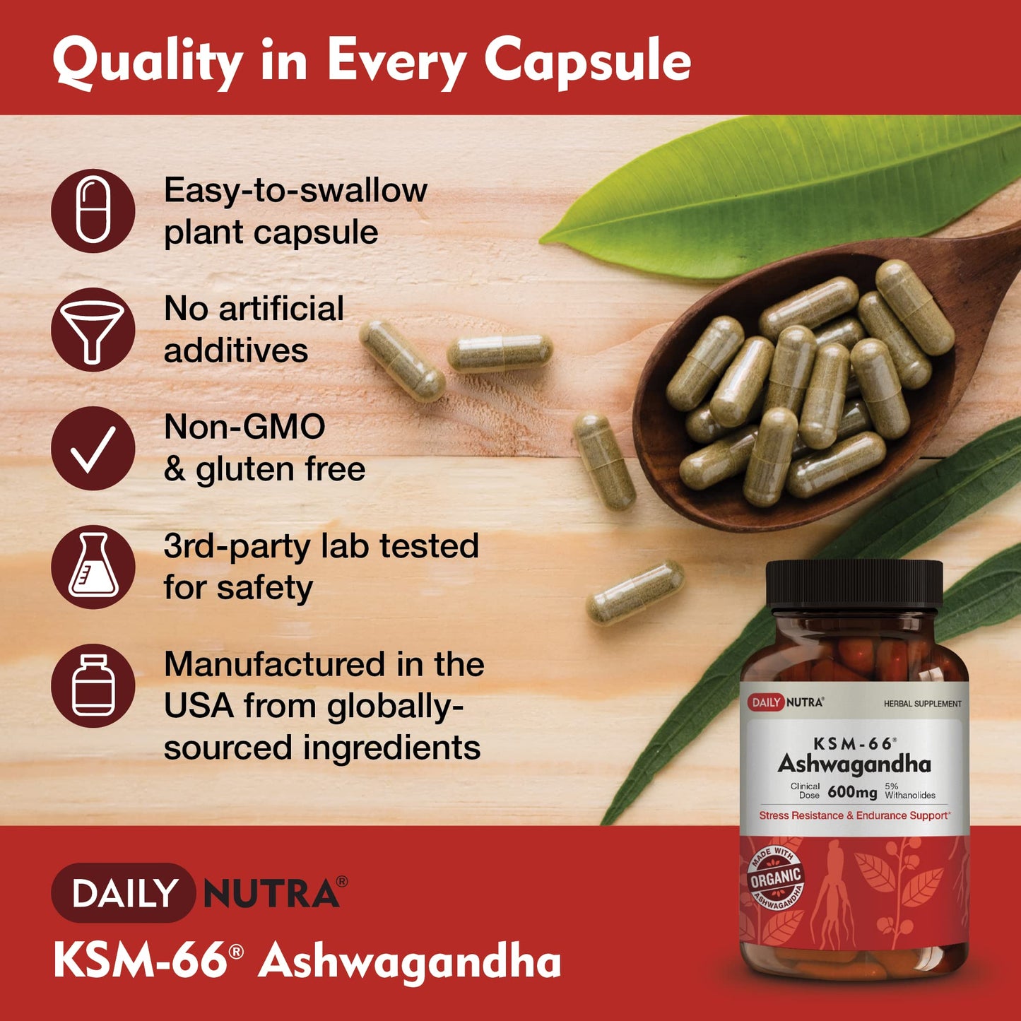 DailyNutra KSM-66 Ashwagandha 600mg Organic Root Extract - High Potency Supplement