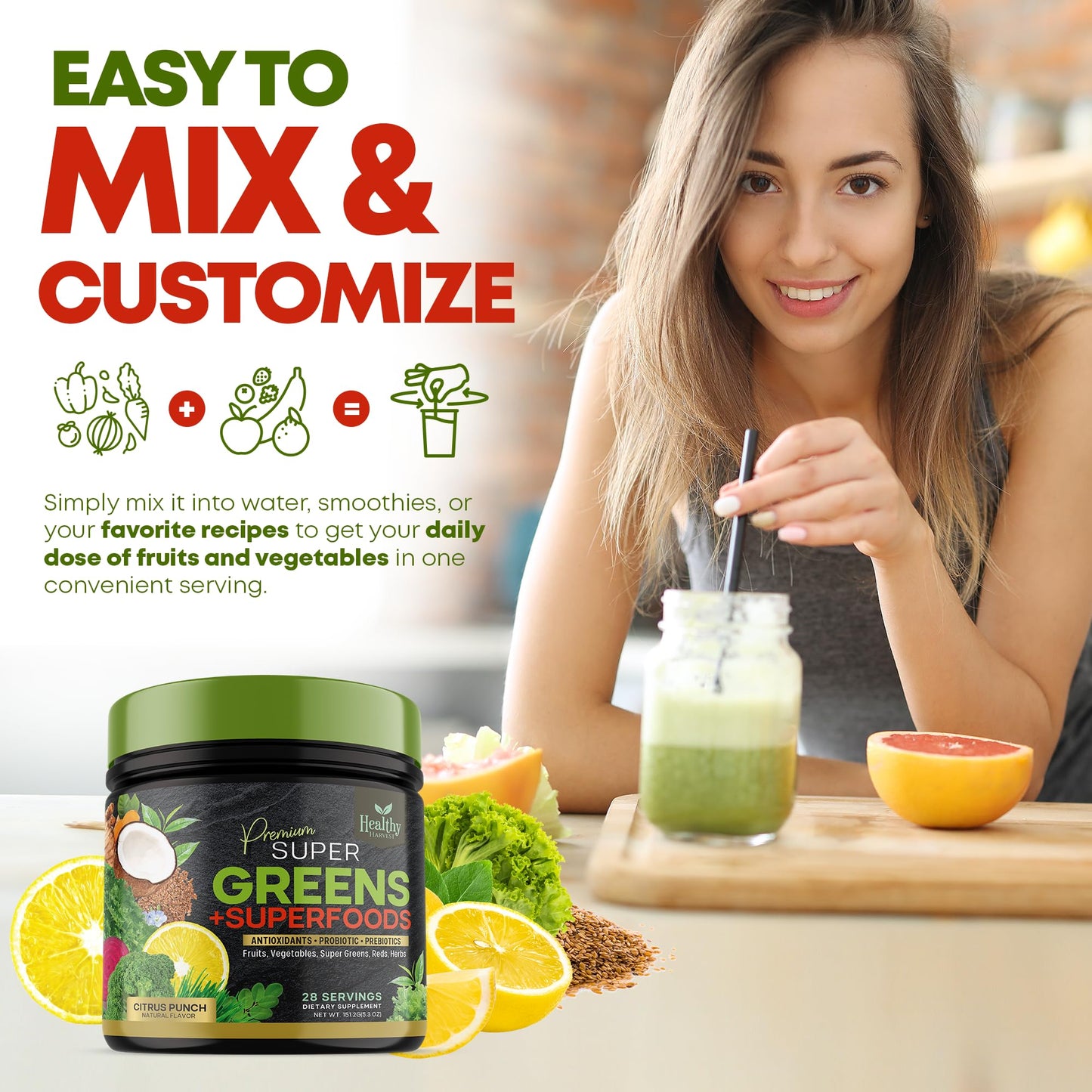 Greens Powder Superfood Supplement - Super Green Reds Smoothie Mix Blend with Spirulina