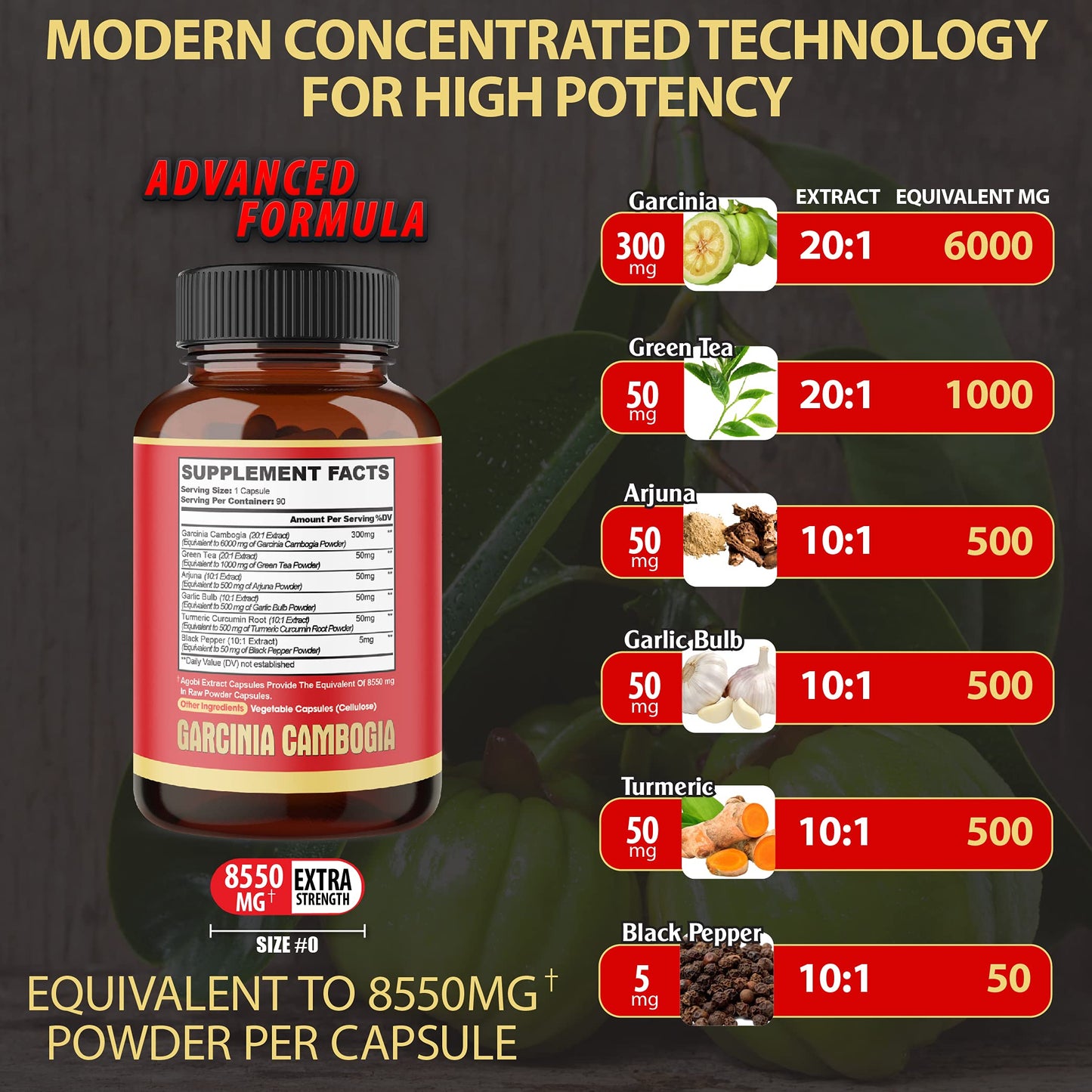 agobi Pure Garcinia Cambogia Capsules 8550mg - 6in1 with Green Tea, Arjuna, Garlic Bulb
