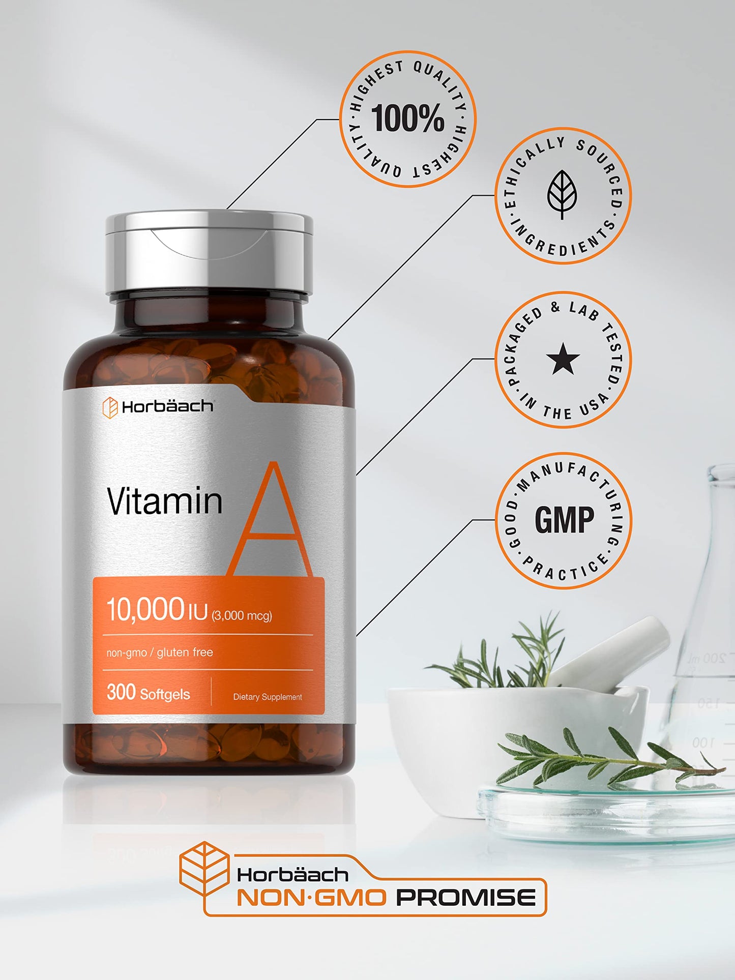 Vitamin A 10000 IU Softgels | 300 Count | Non-GMO, Gluten Free Supplement | by Horbaach