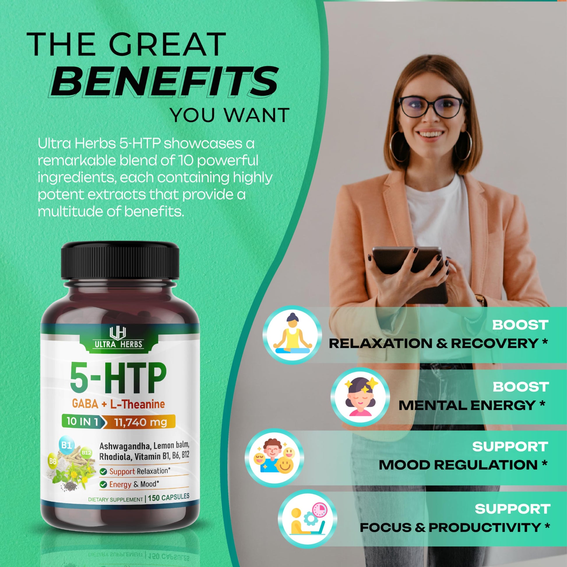 5-HTP Supplement 11,740mg 10 in 1 with GABA, L-Theanine, Ashwagandha, Rhodiola ULTRA HERBS