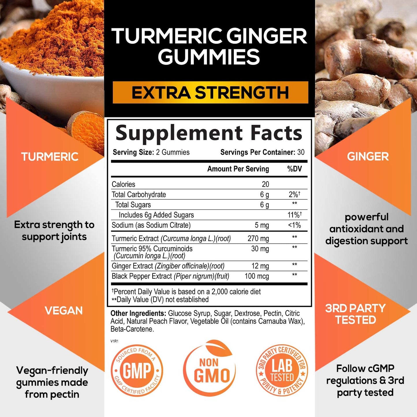Turmeric Ginger Gummies - Vegan Turmeric Curcumin Gummy with 95% Curcuminoids