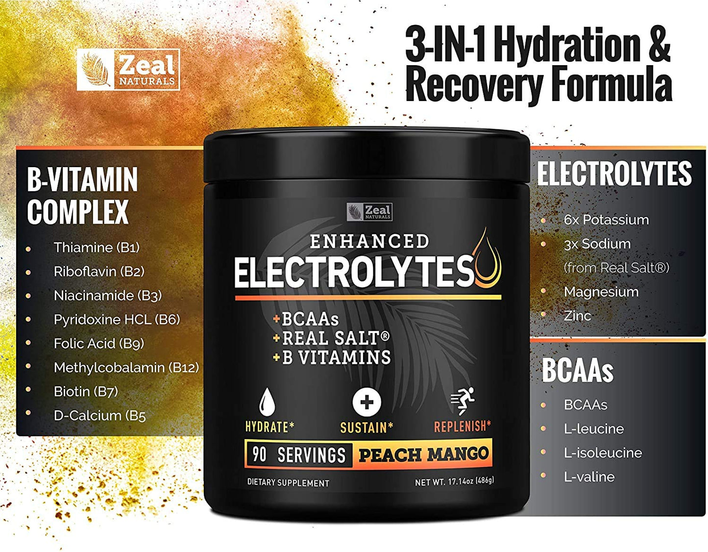 Enhanced Electrolyte Powder (Peach Mango | 90ct.) + BCAA, B-Vitamins & Real Salt