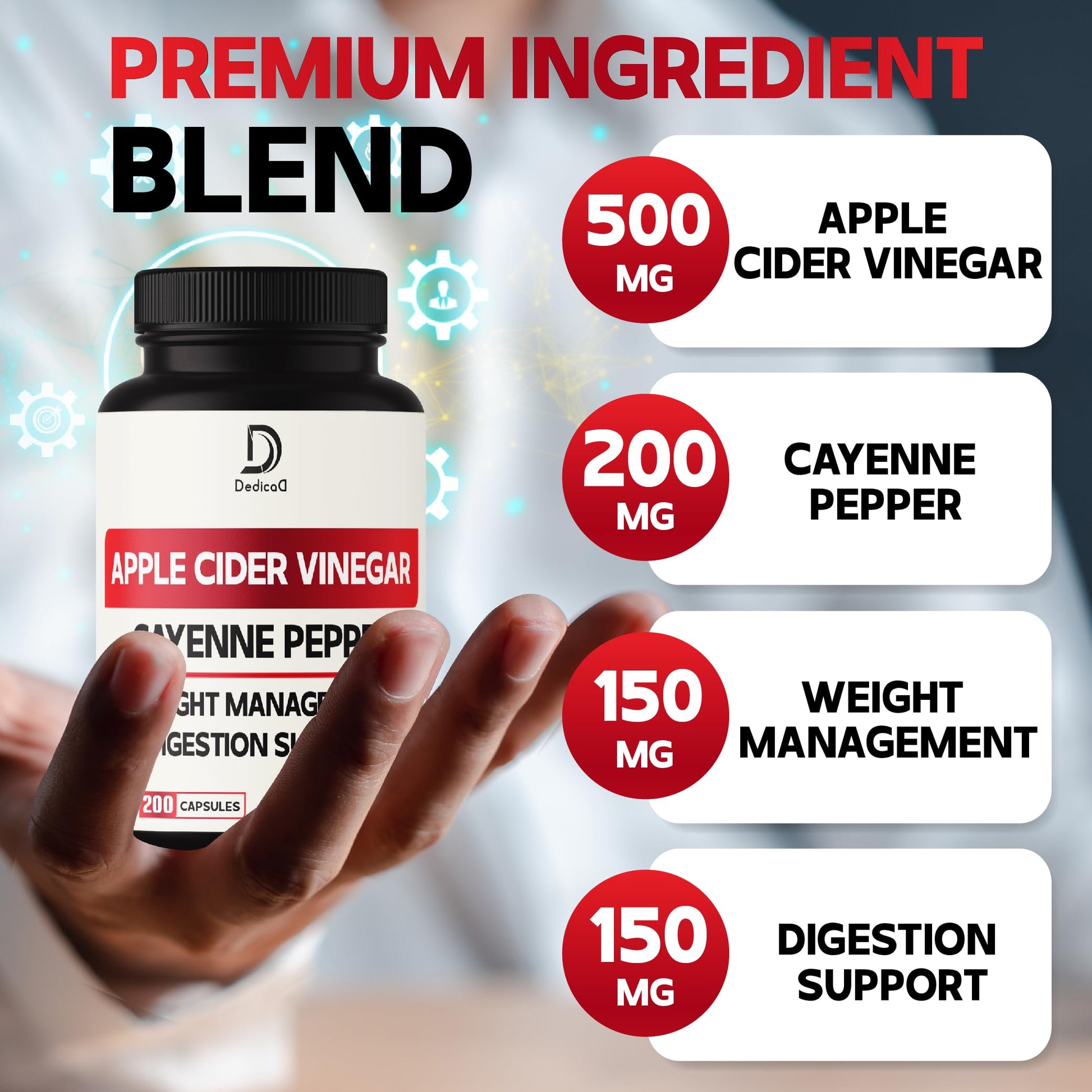 12in1 Apple Cider Vinegar Supplements - 200 Capsules with Cayenne Pepper, Grape Seed DEDICAD