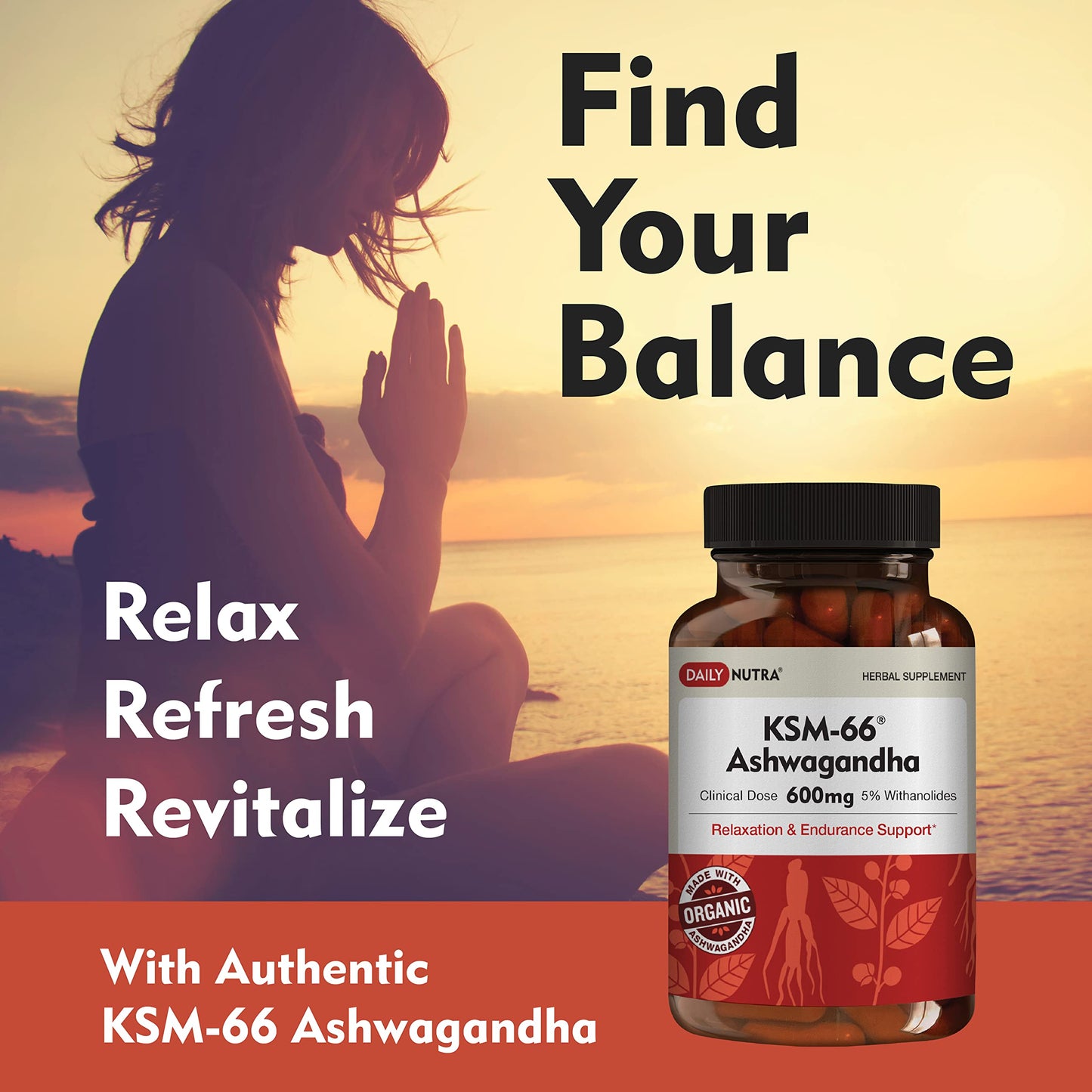 DailyNutra KSM-66 Ashwagandha 600mg Organic Root Extract - High Potency Supplement
