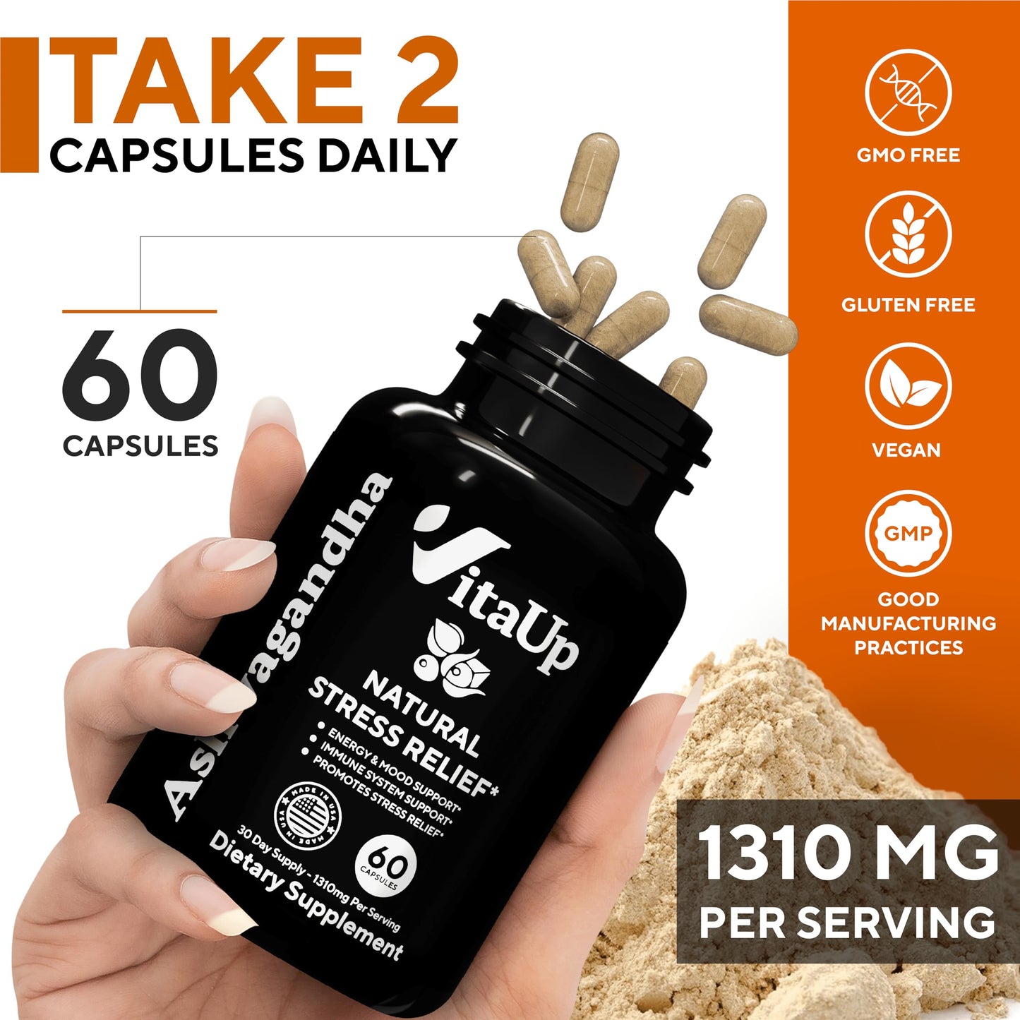 VitaUp Organic Ashwagandha Capsules 1310 mg - USA Made Ashwagandha Supplements