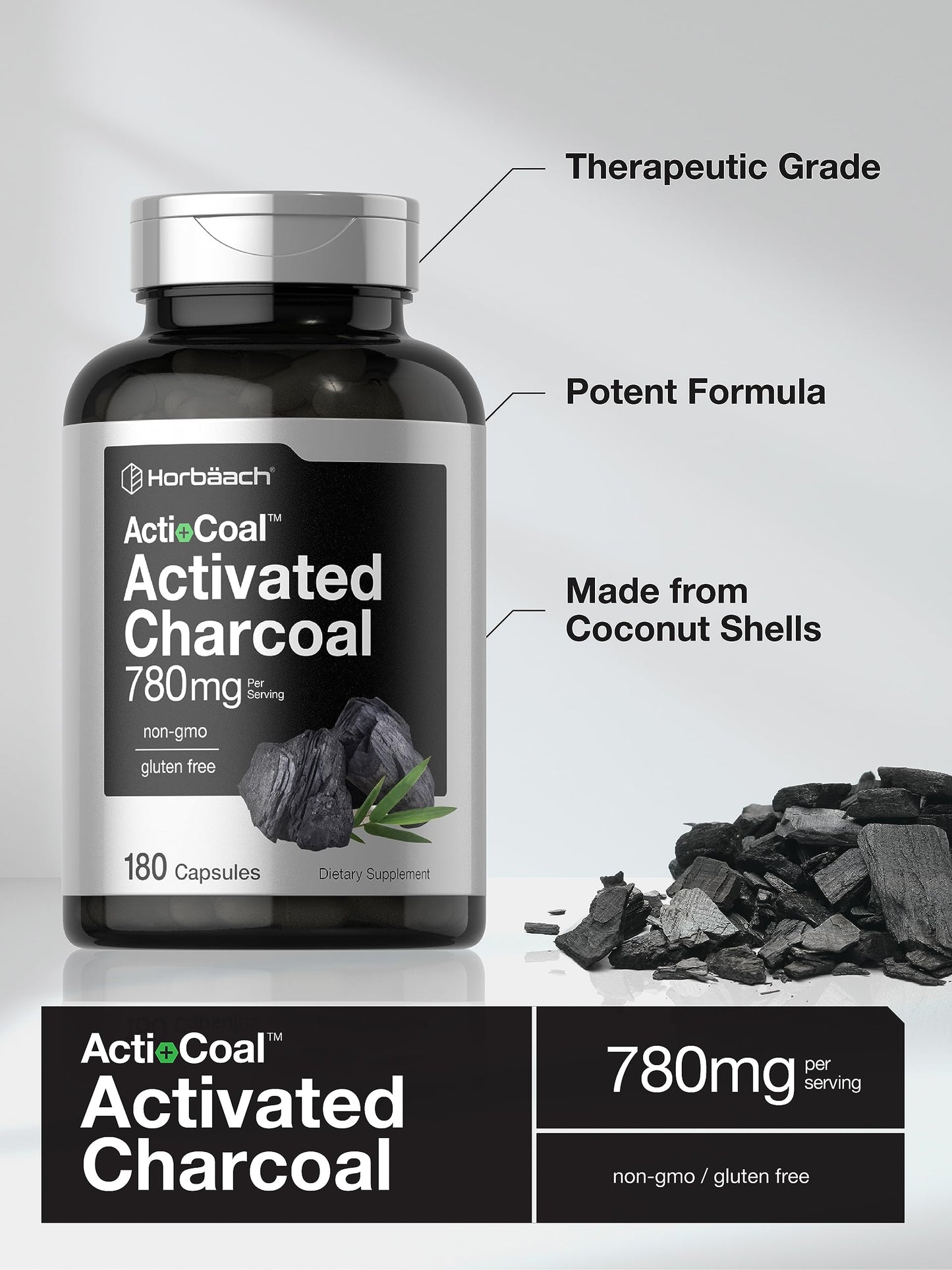 Charcoal Pills 780mg | 180 Capsules | Activated Charcoal from Coconut Shells | Non-GMO