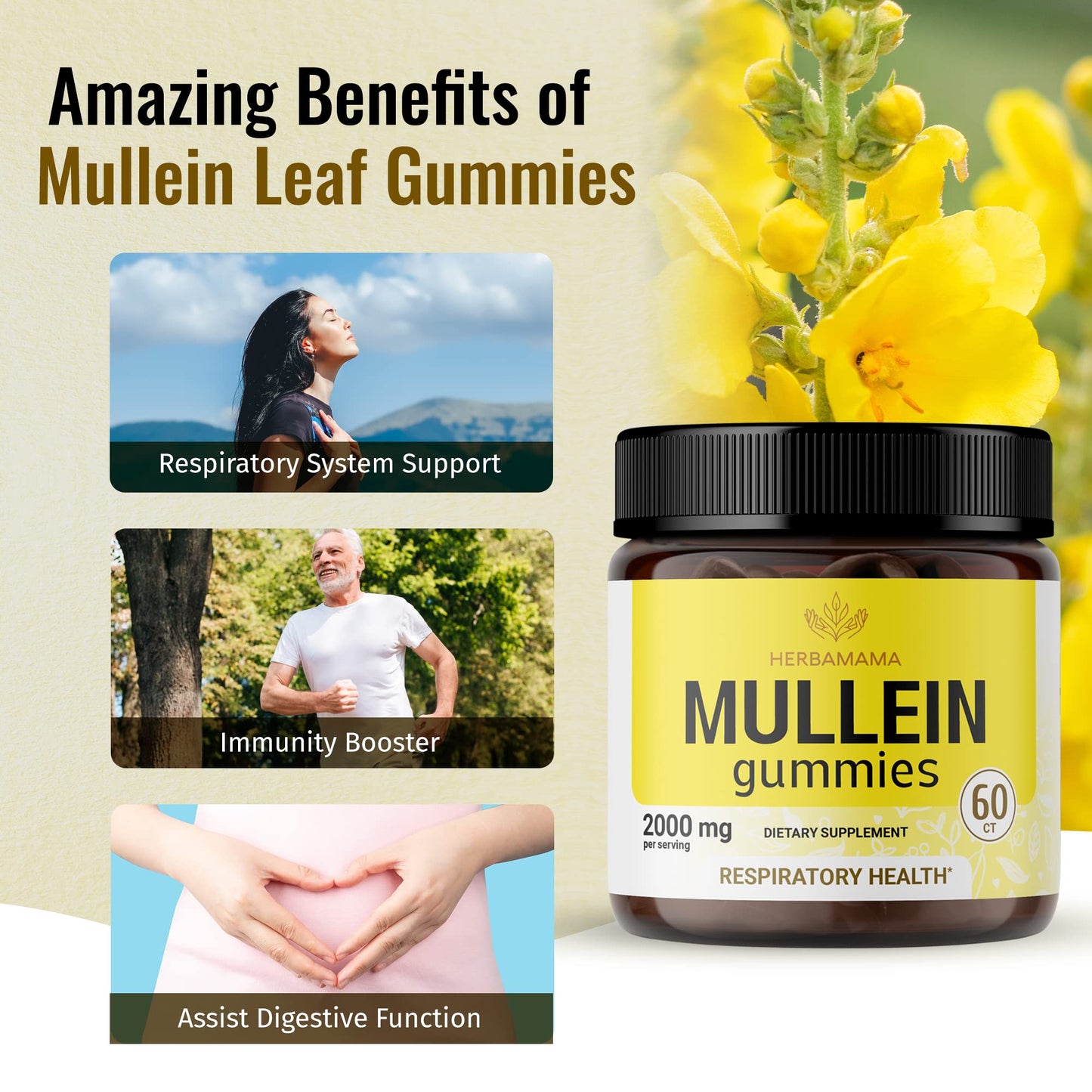 HERBAMAMA Mullein Gummies - Mullein Leaf Dietary Supplement for Respiratory