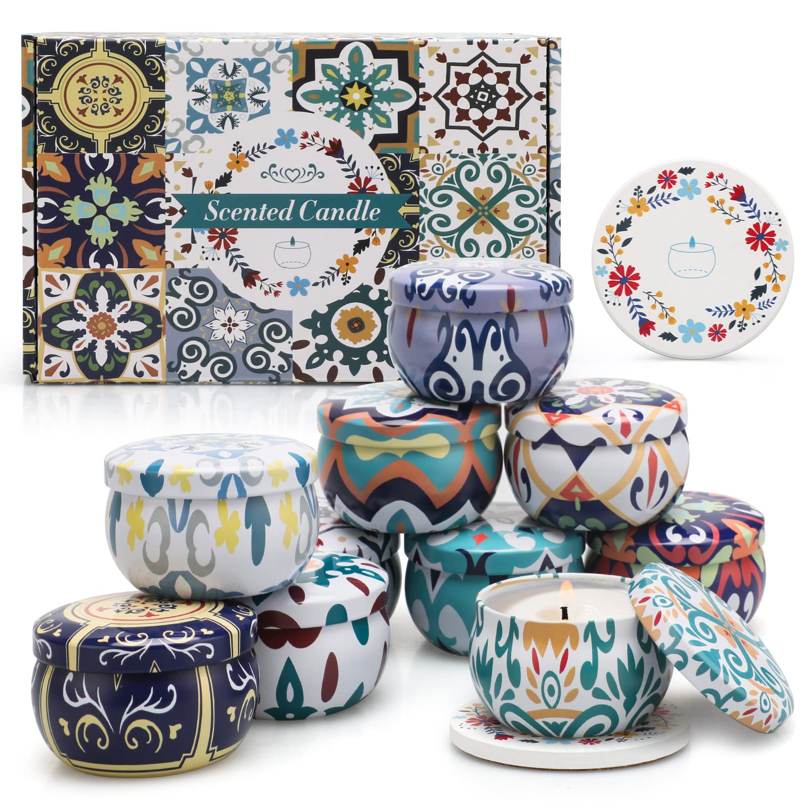 10 Pack Scented Candles Gifts, Aromatherapy Candles for Home Scented with 2 Coasters