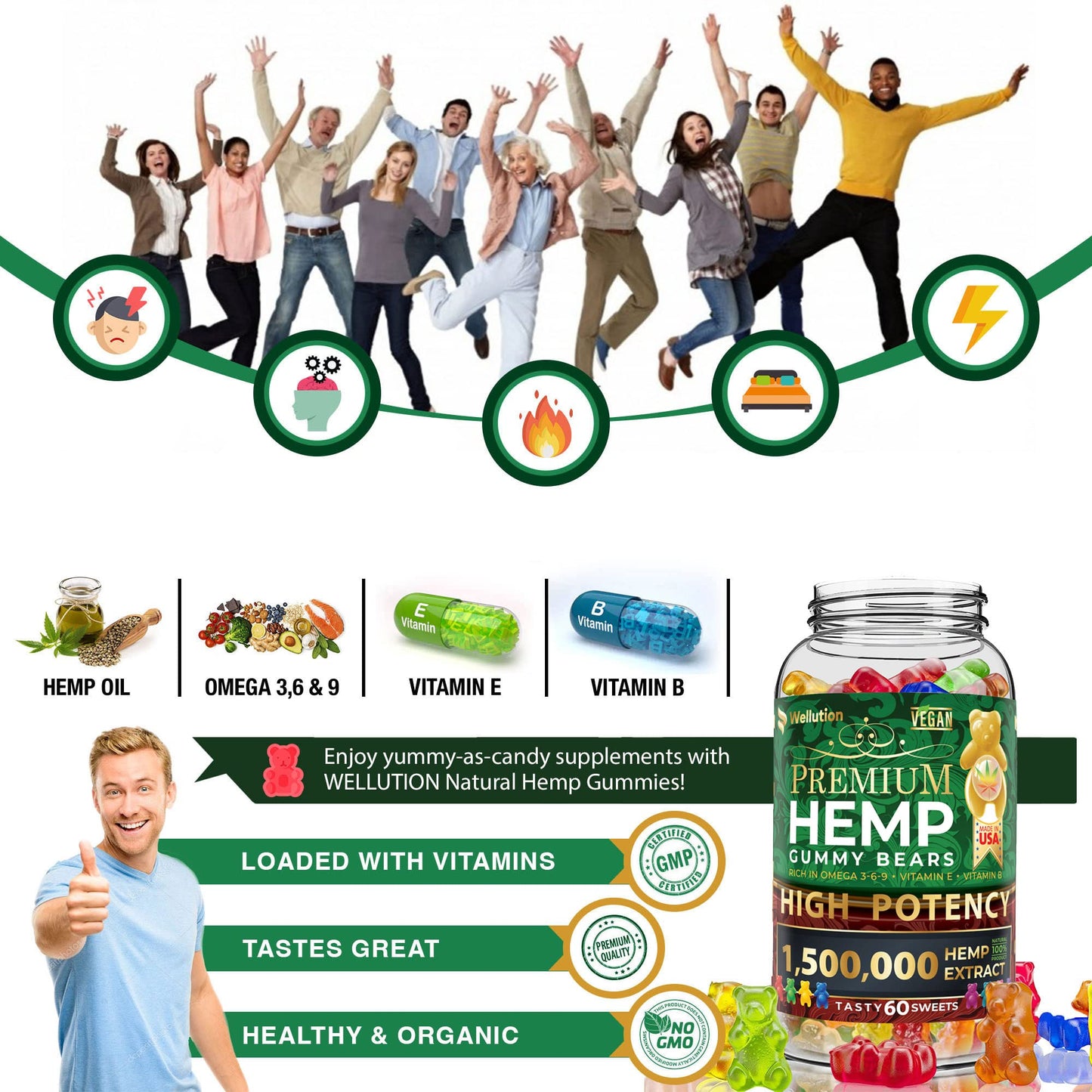 Wellution Hemp Gummies 1,500,000 XXL High Potency - Fruity Gummy Bear with Hemp Oil