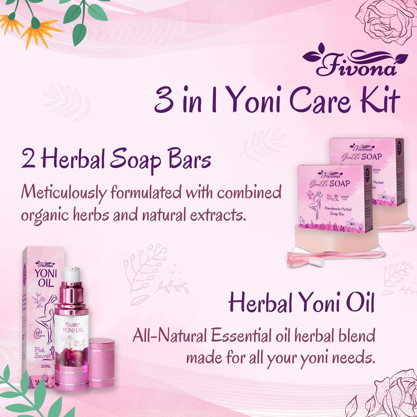 FIVONA 3 in 1 Set of Yoni Oil with 2 Yoni Soap Bars - Feminine pH Balanced Natural Vaginal Oil 30 ml