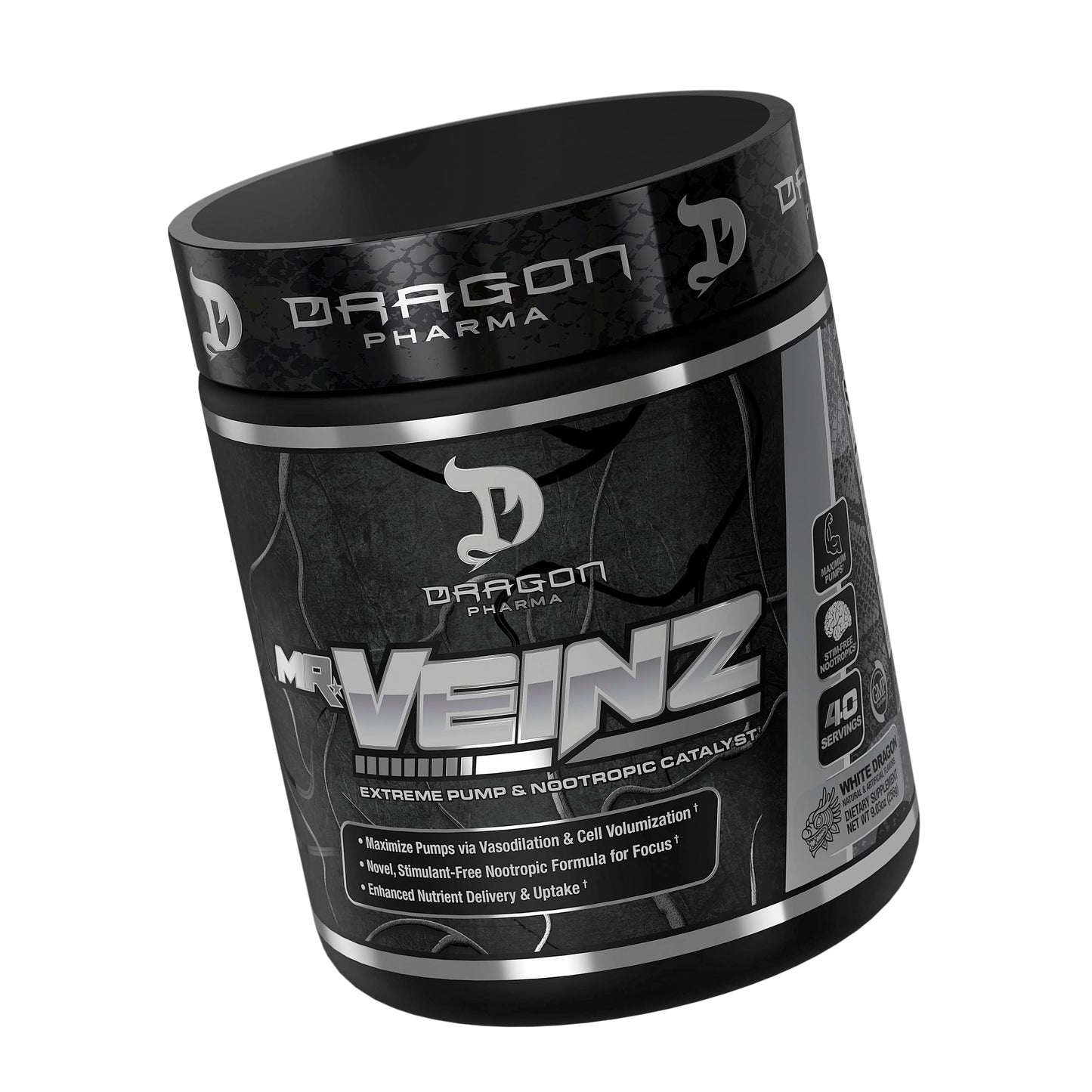 DRAGON PHARMA Mr. Veinz Stim Free Pre-Workout, Extreme Pump & Nootropic Catalyst, Maximize Pumps via Vasodilation & Cell Volumization, Stimulant-Free Formula for Focus (40 Servings, White Dragon)