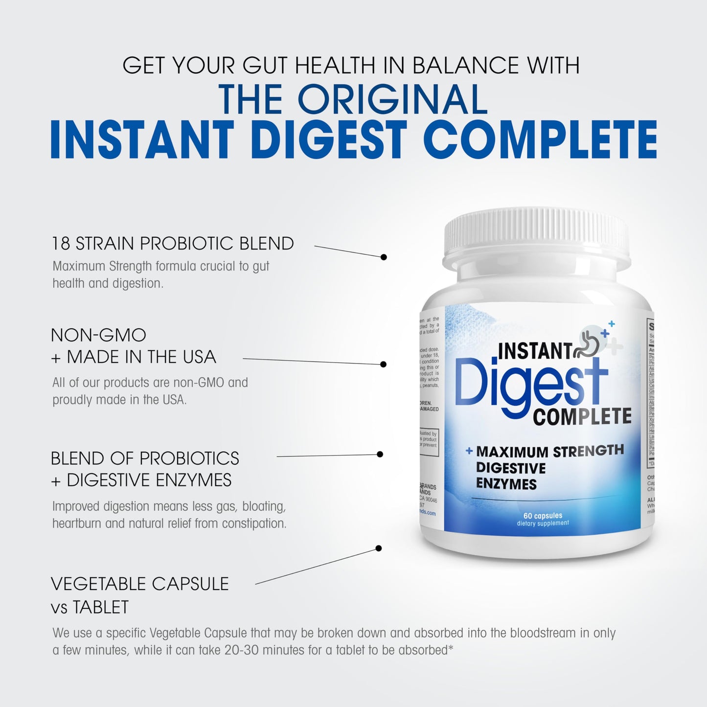 Instant Digest Complete 2-in-1 Probiotic Digestive Enzymes, 60 Capsules
