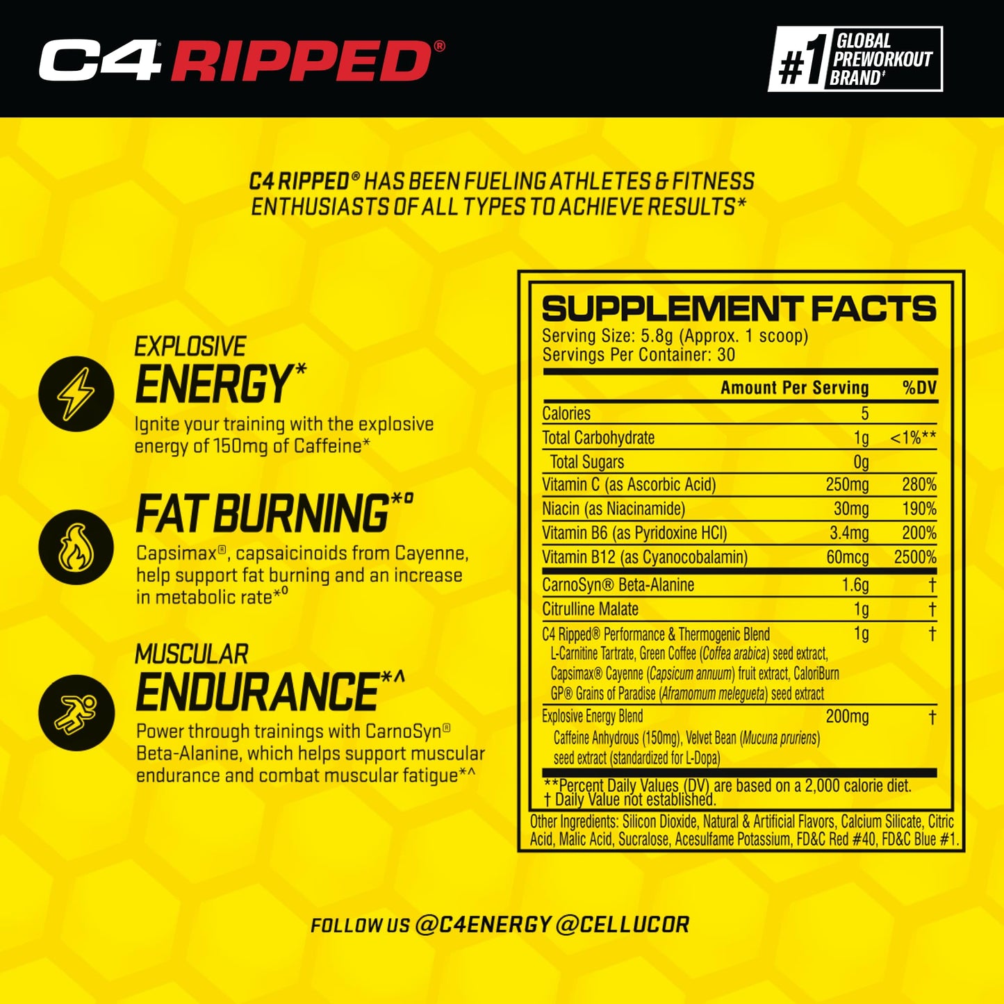 Cellucor C4 Ripped Pre Workout Powder Raspberry Lemonade | Creatine Free + Sugar Free