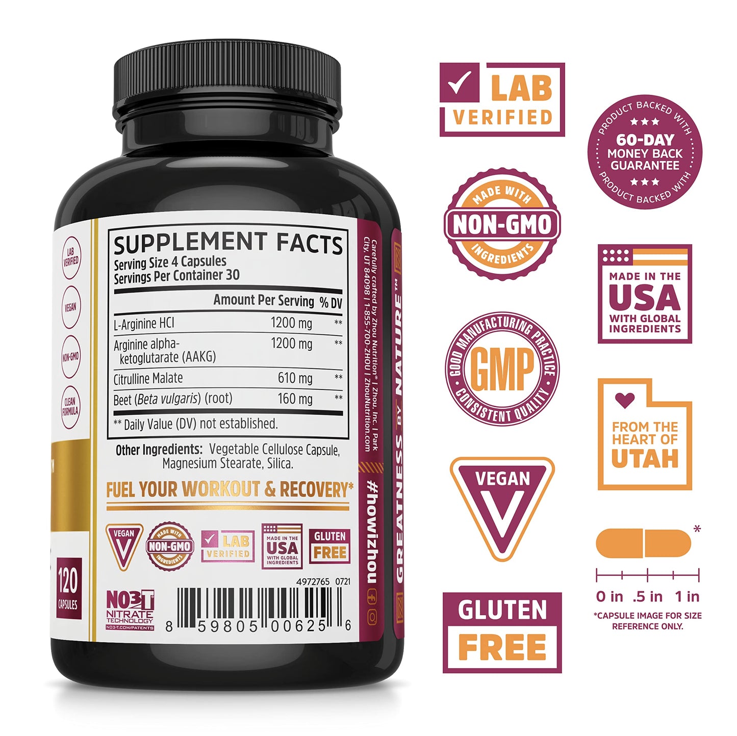 Zhou Nitric Oxide with L Arginine, Citrulline Malate, AAKG and Beet Root | Powerful N.O.