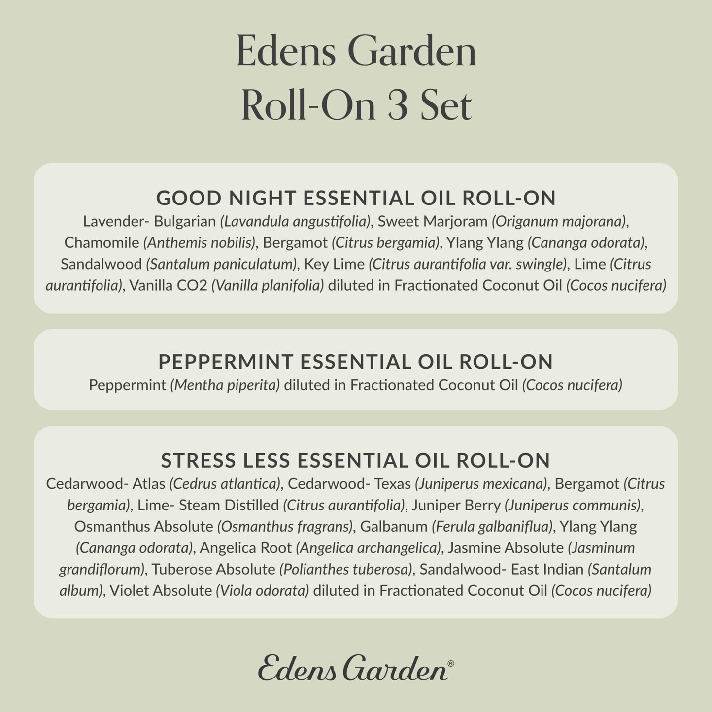 Edens Garden Essential Oil Roll-On Set (Good Night, Peppermint, Stress Less)- Aromatherapy Roller