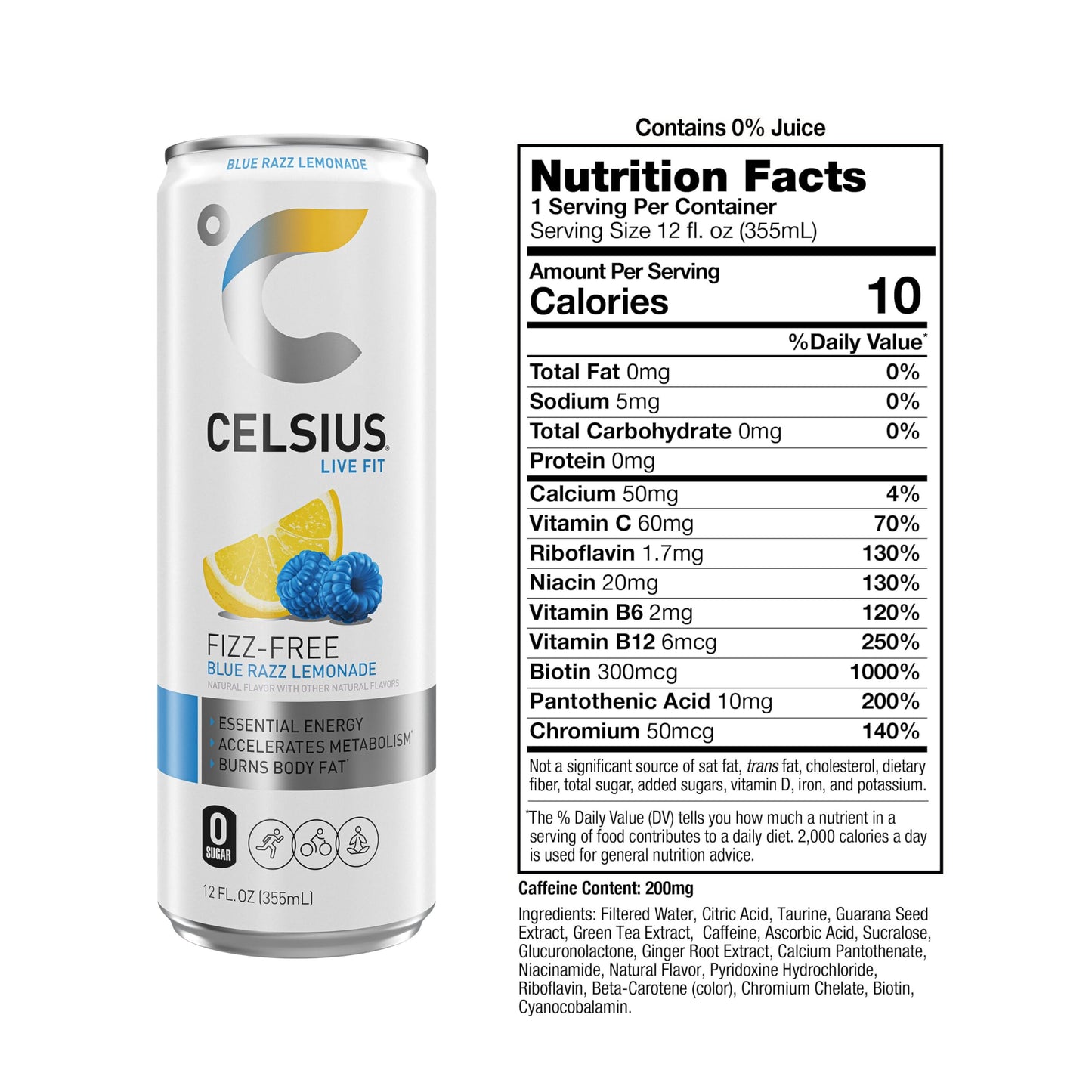 CELSIUS Fizz Free Blue Razz Lemonade, Functional Essential Energy Drink 12 Fl Oz